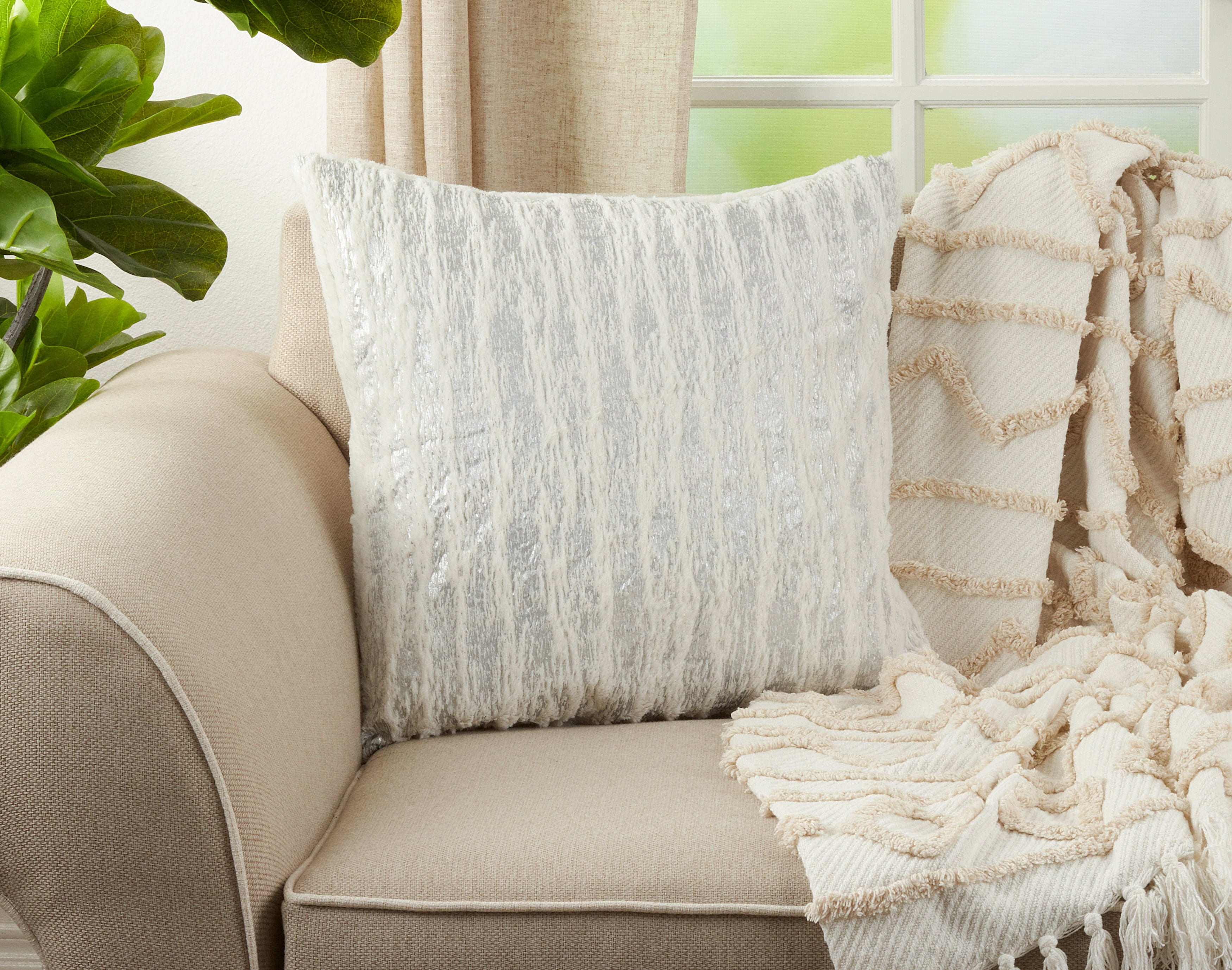 Faux Fur With Brushed Metallic Foil Print Down Filled Throw Pillow