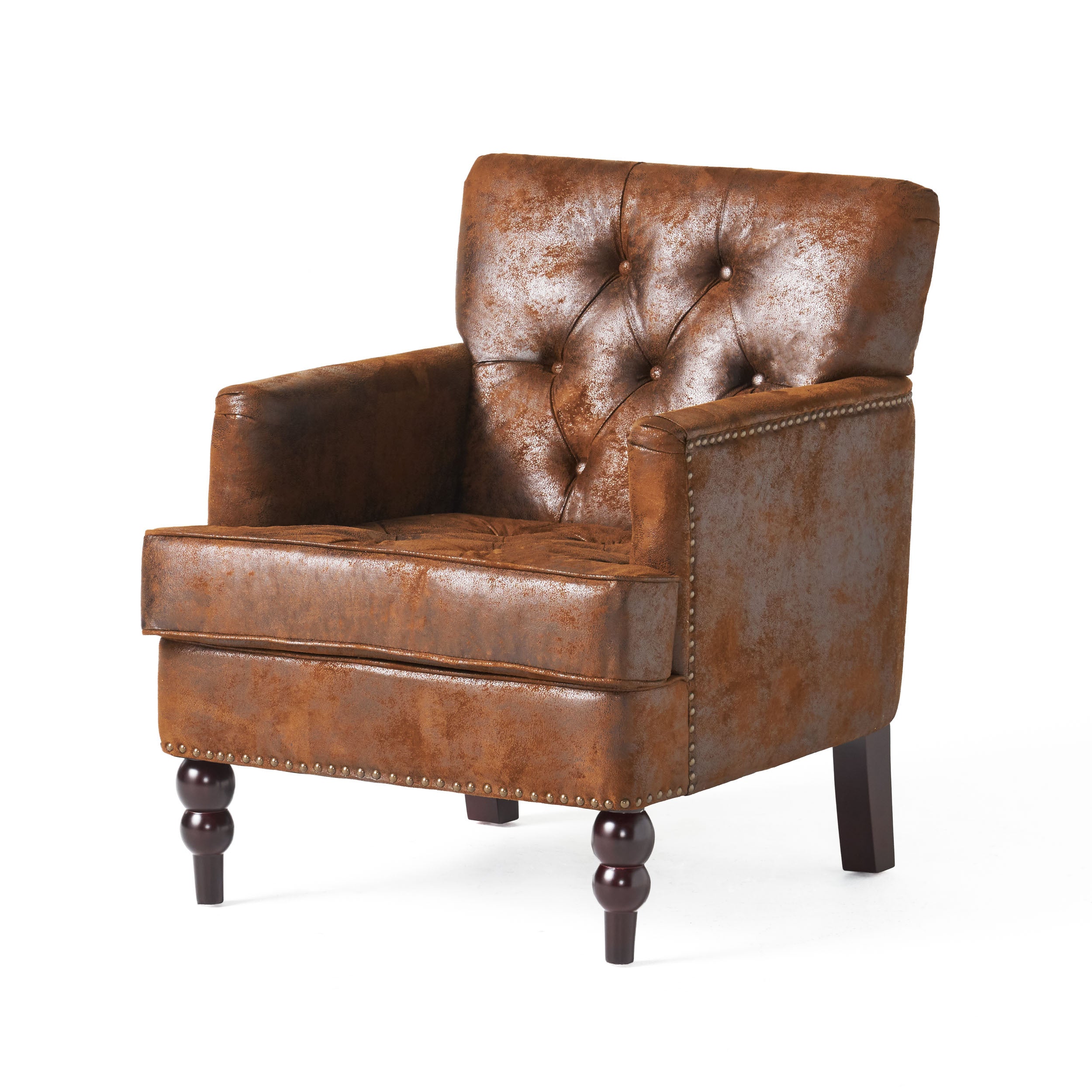 Brown Club Accent Chair with Button-Tufted Diamond Stitching and Turned Legs