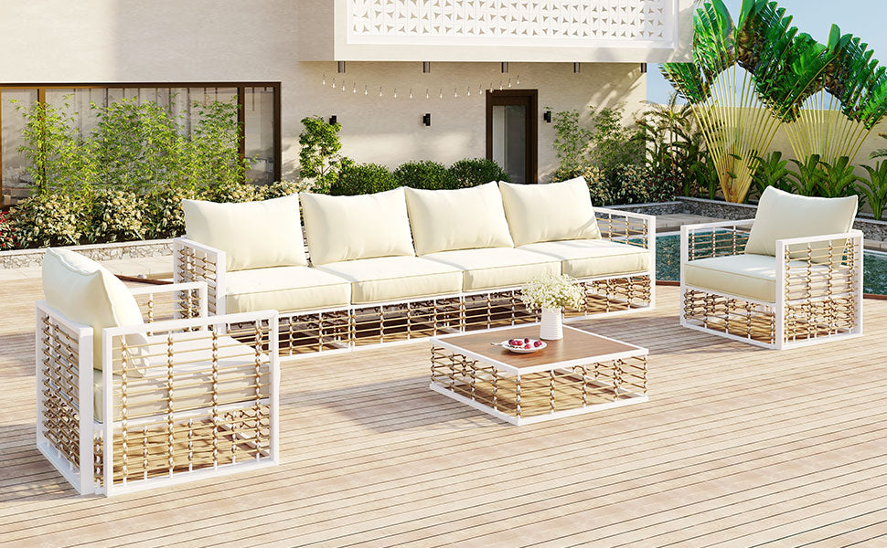 Modern Minimalist 7-Piece Metal All-Weather Conversational Furniture Set with Thick Cushions and Coffee Table