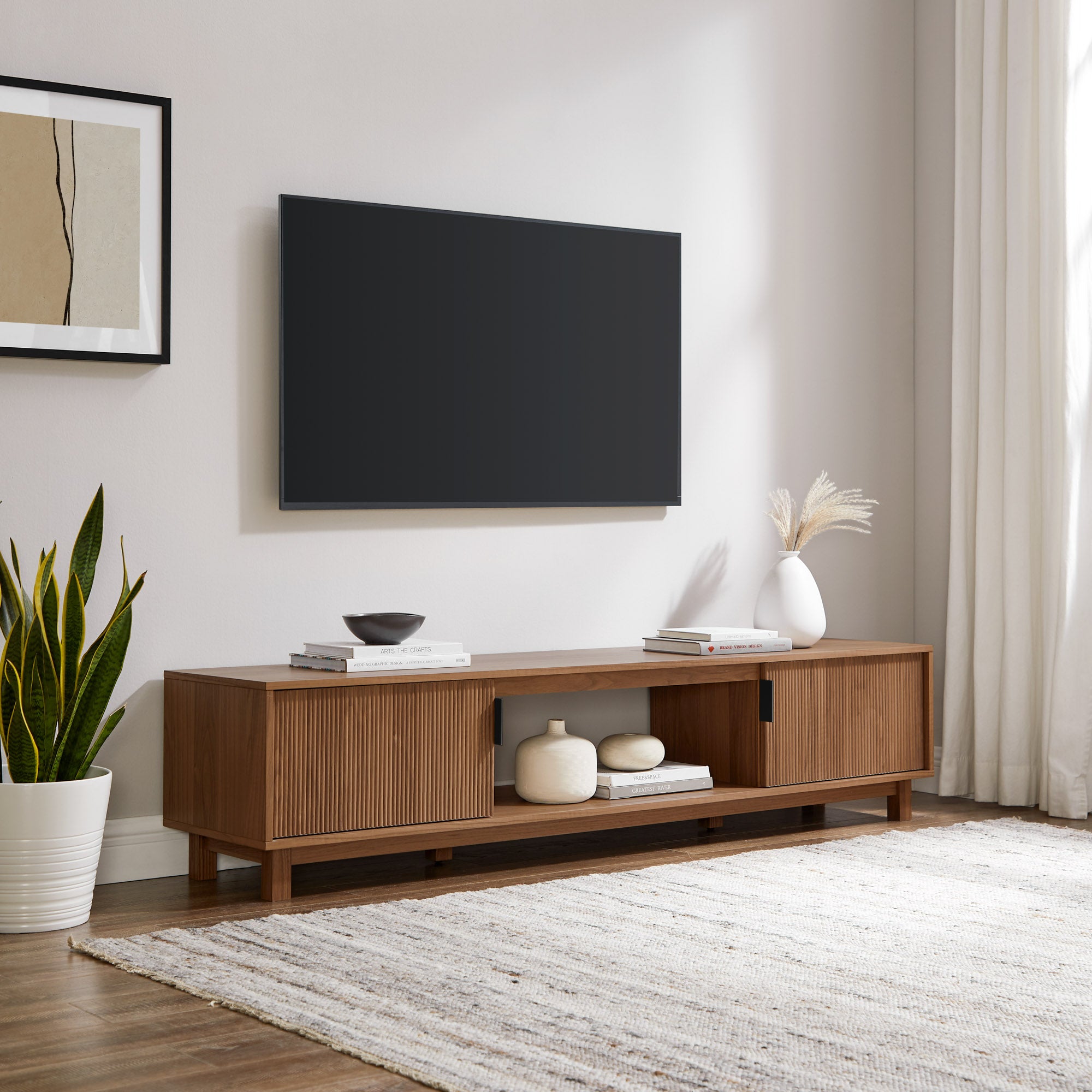 Vibrato Fluted-Door TV Stand with Open Shelf