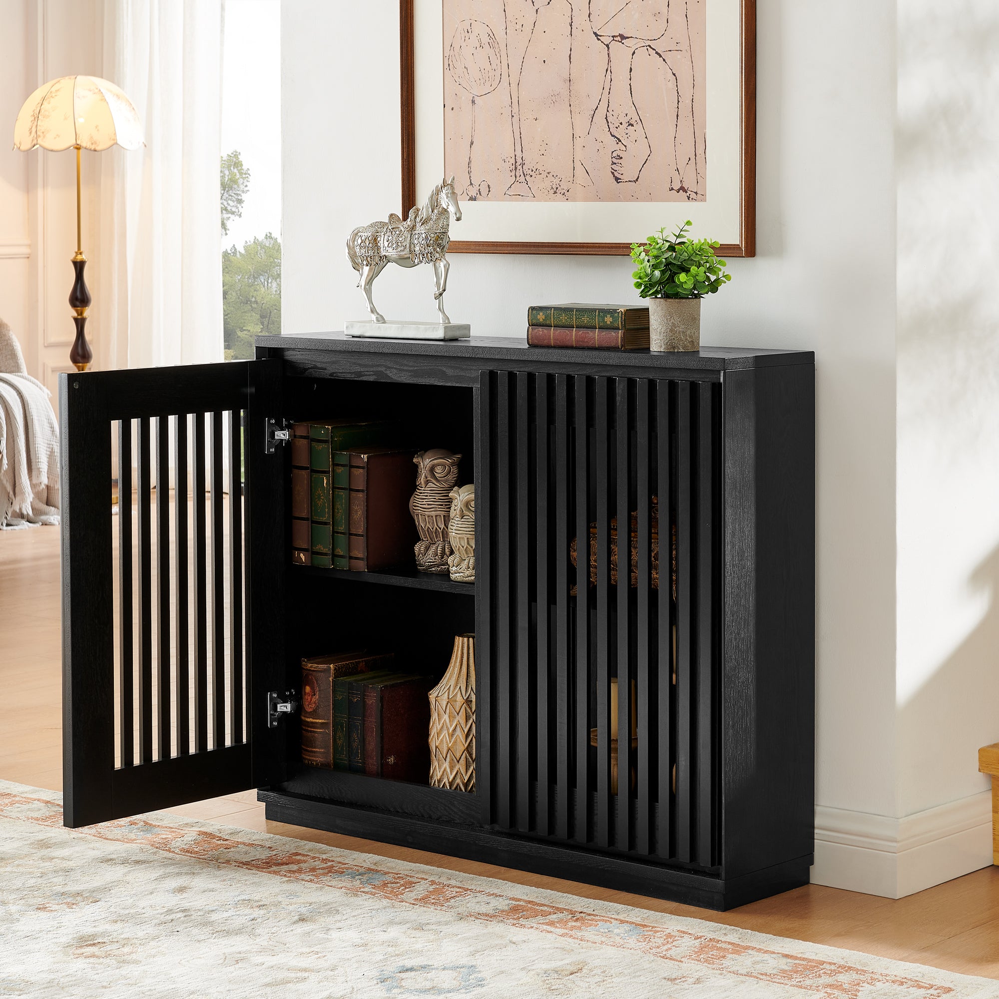 Mid Century Modern Fluted Hollowed Out Sideboard Cabinet