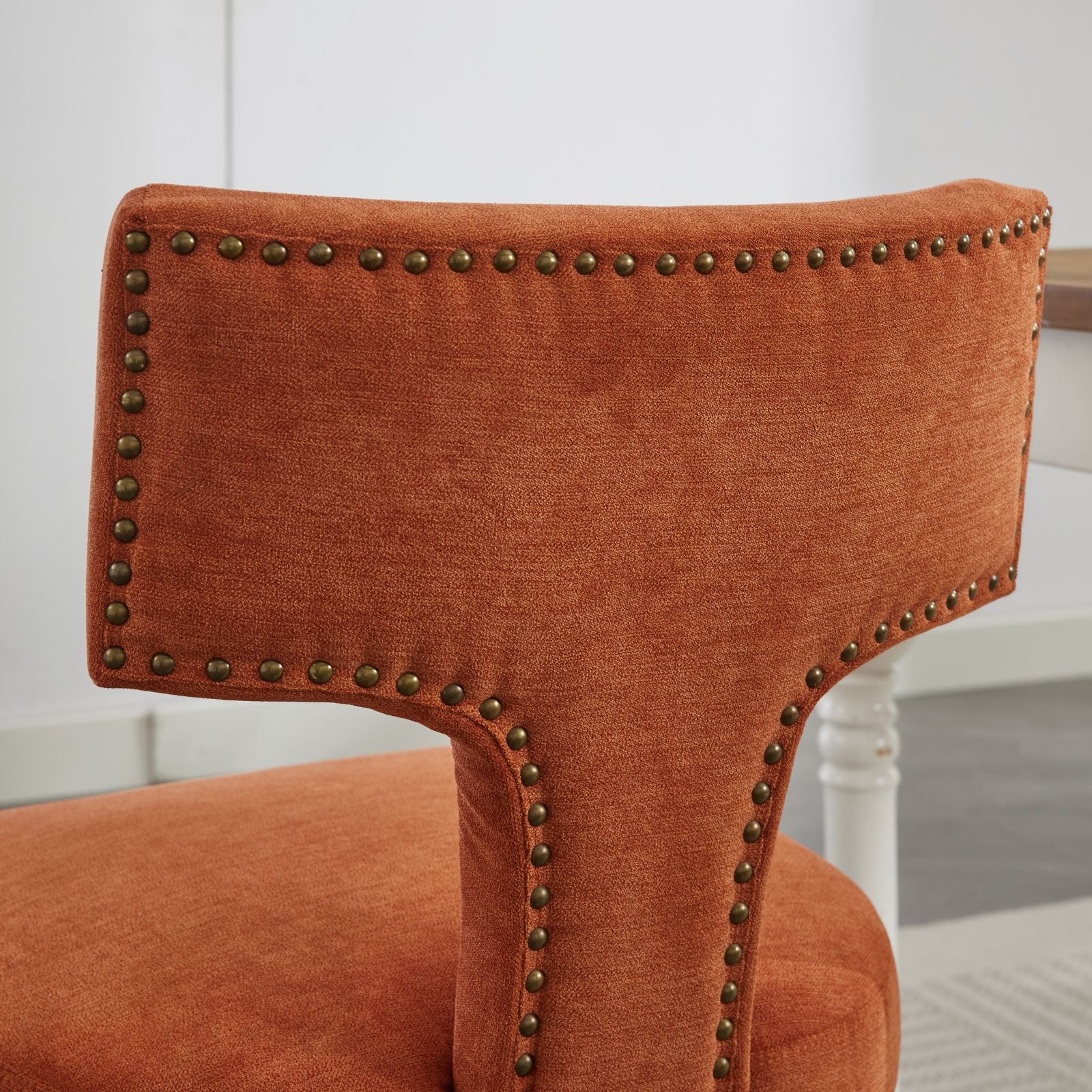Mid Century Modern Dining Chairs Set of 2, Farmhouse Linen Fabric Upholstered Accent Chair Curved Backrest with Copper Nails around,Kitchen Chairs with Hardwood Frame, Orange
