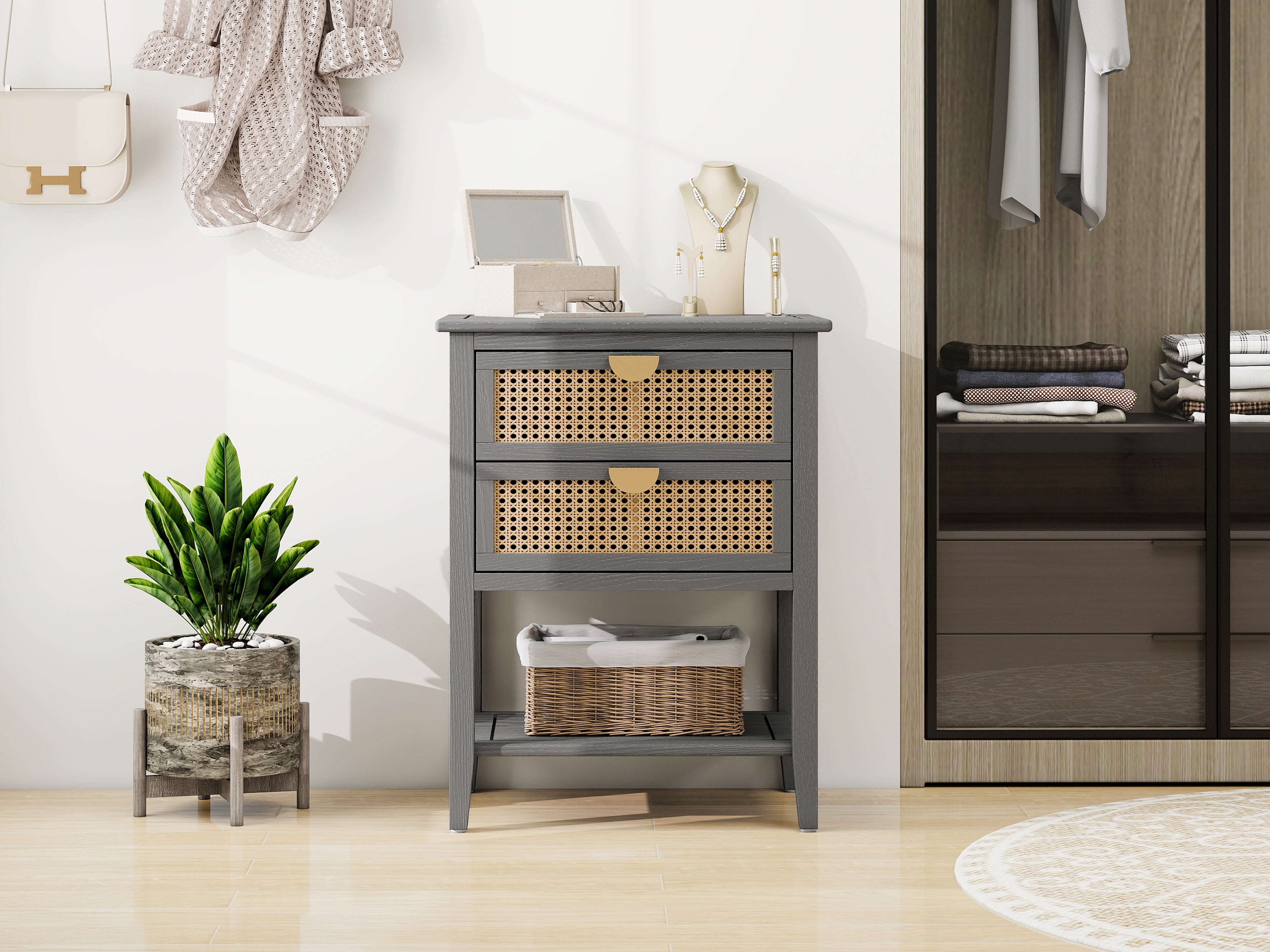 2-Drawer Side Table with Natural Rattan Drawers