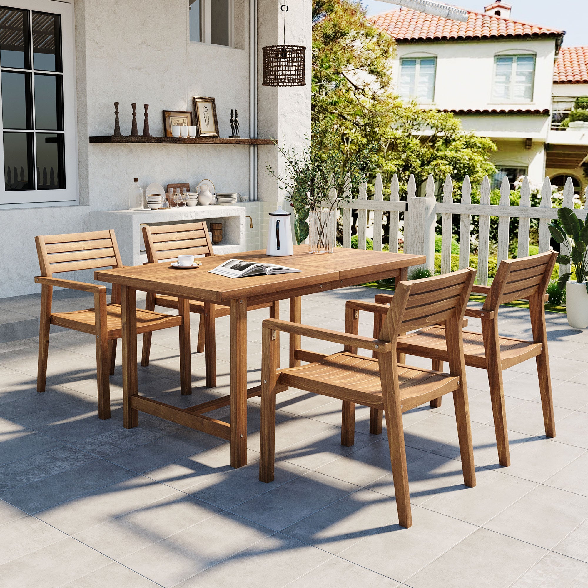 5-Piece Outdoor Acacia Wood Outdoor Dining Set, 59.06-Inch Rectangular Table with Umbrella Hole