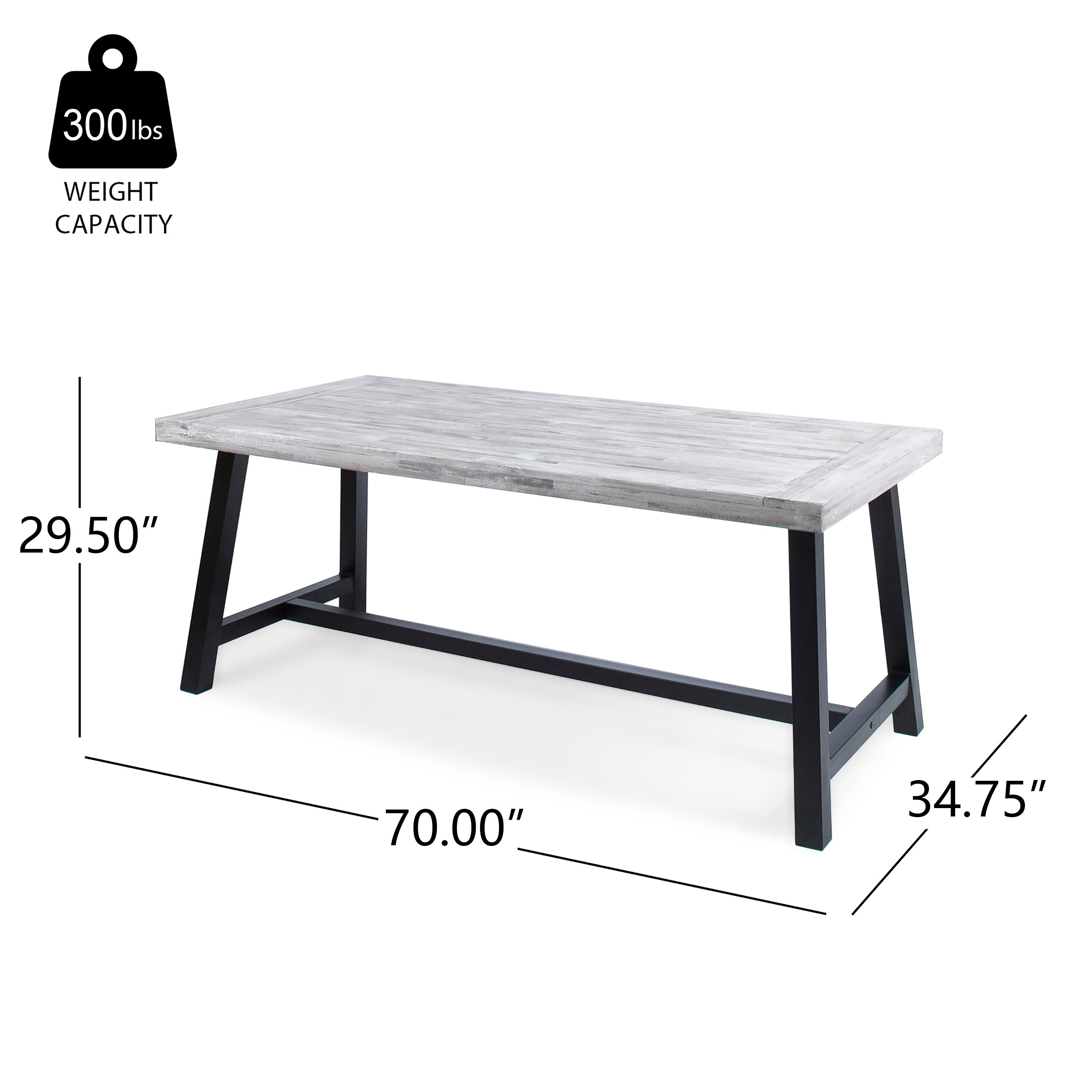 Outdoor Dark Brown Sandblast Finish Acacia Wood Dining Table with White Rustic Metal Frame, Weather Resistant