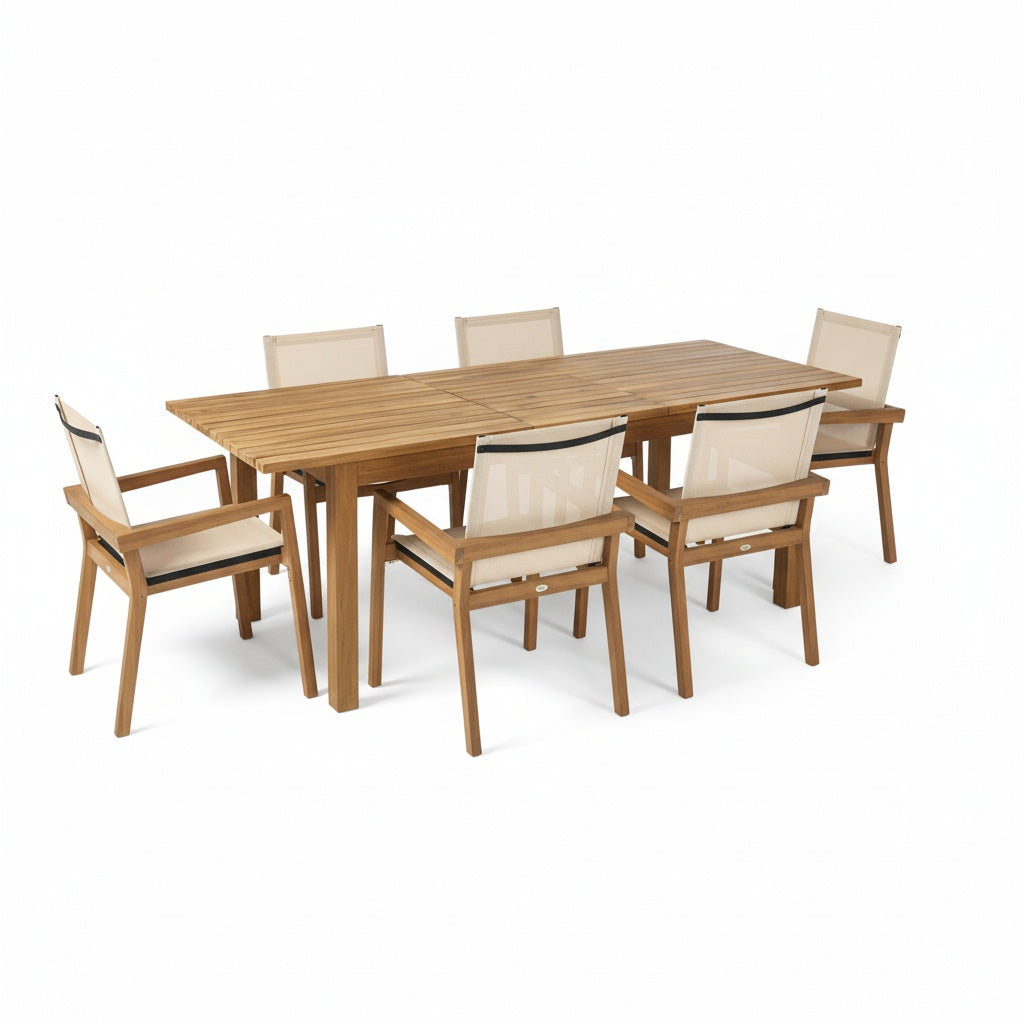 7 Pieces Acacia Wood Outdoor Dining Set s,Modern 6 Chairs 1 Large Table, Dining Furniture Set for Lawn, Backyard, Garden Deck,Poolside,Beige