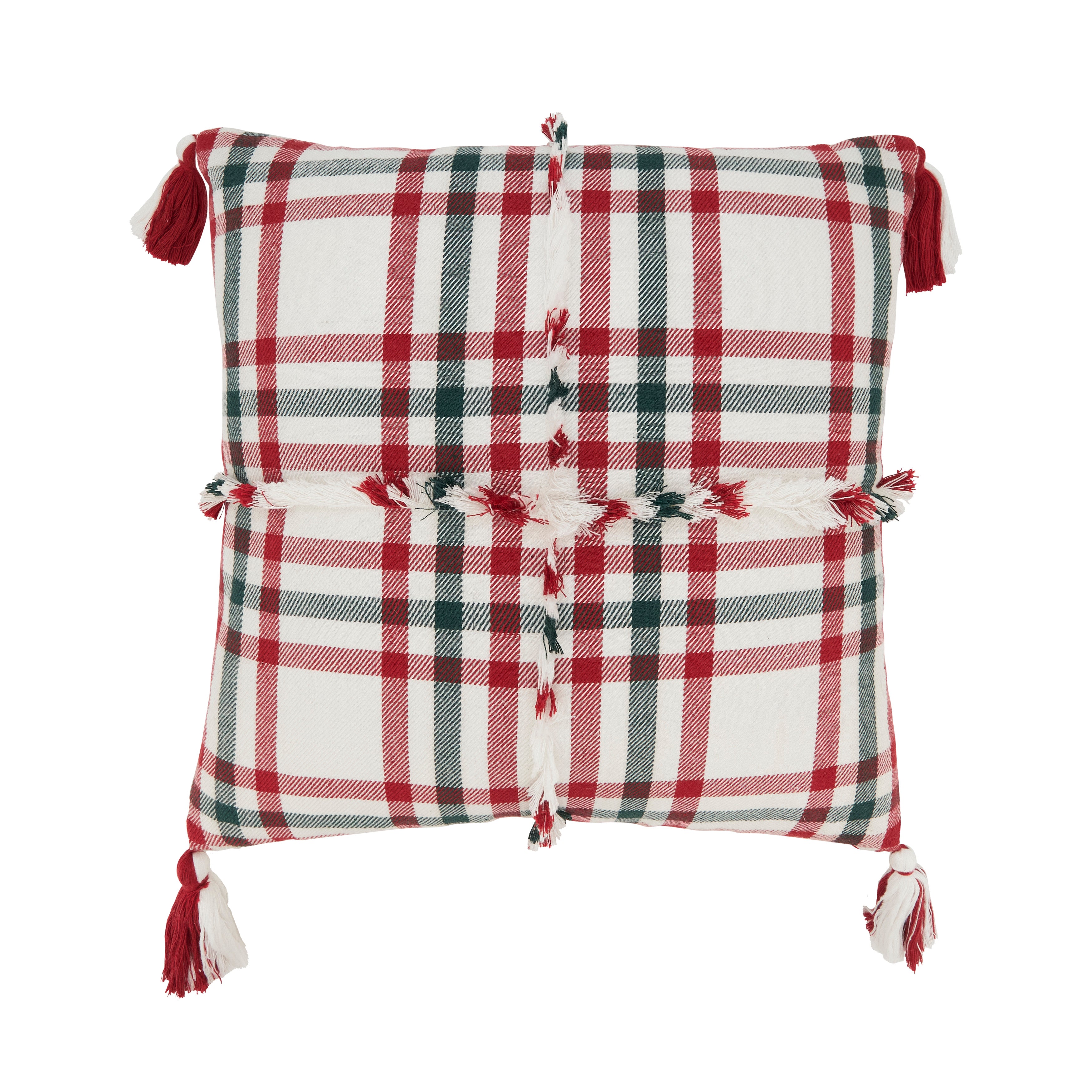 Tasseled Plaid Outdoor Polyester Filled Throw Pillow