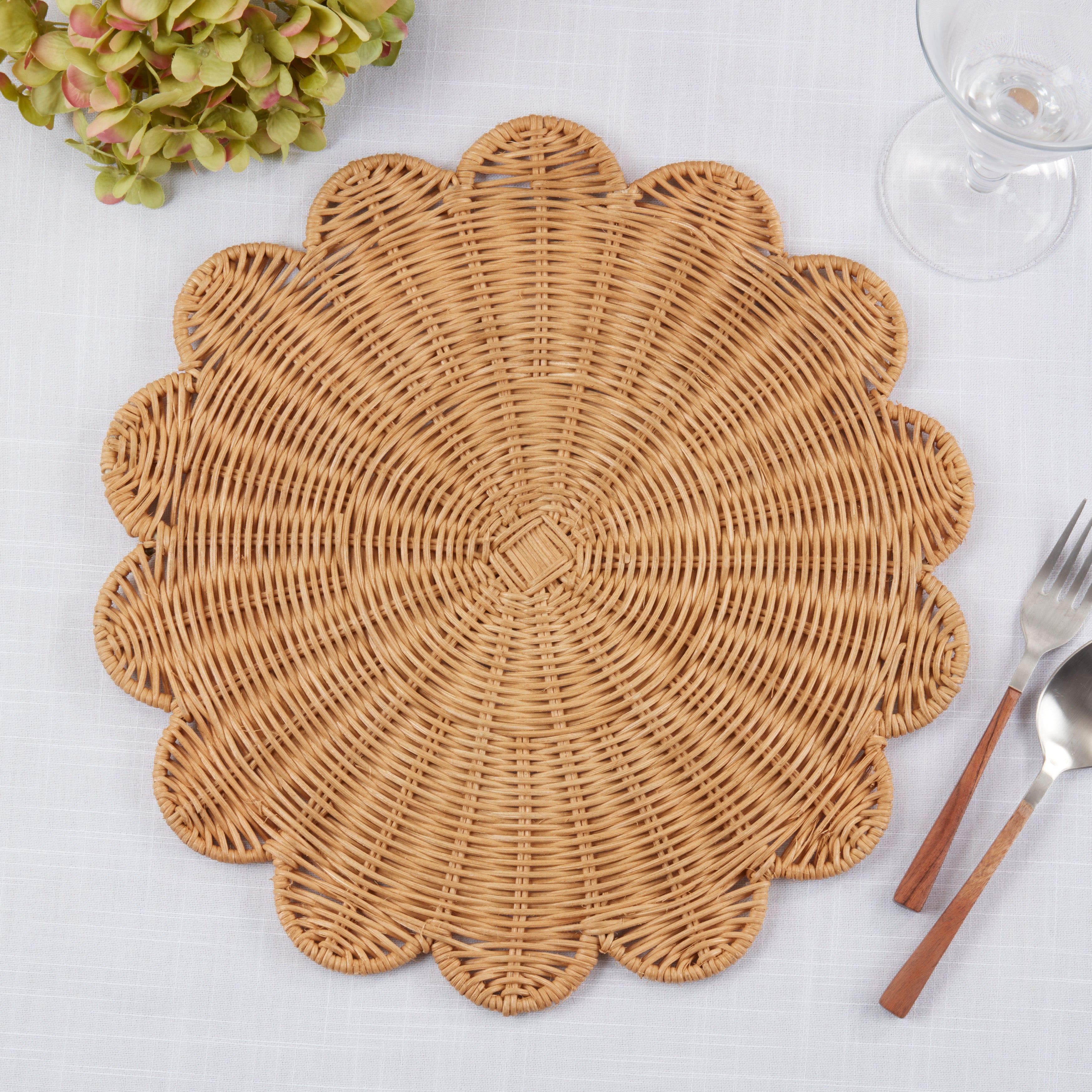 Rattan Charger Placemats with Handwoven Scalloped Design, Set of 4