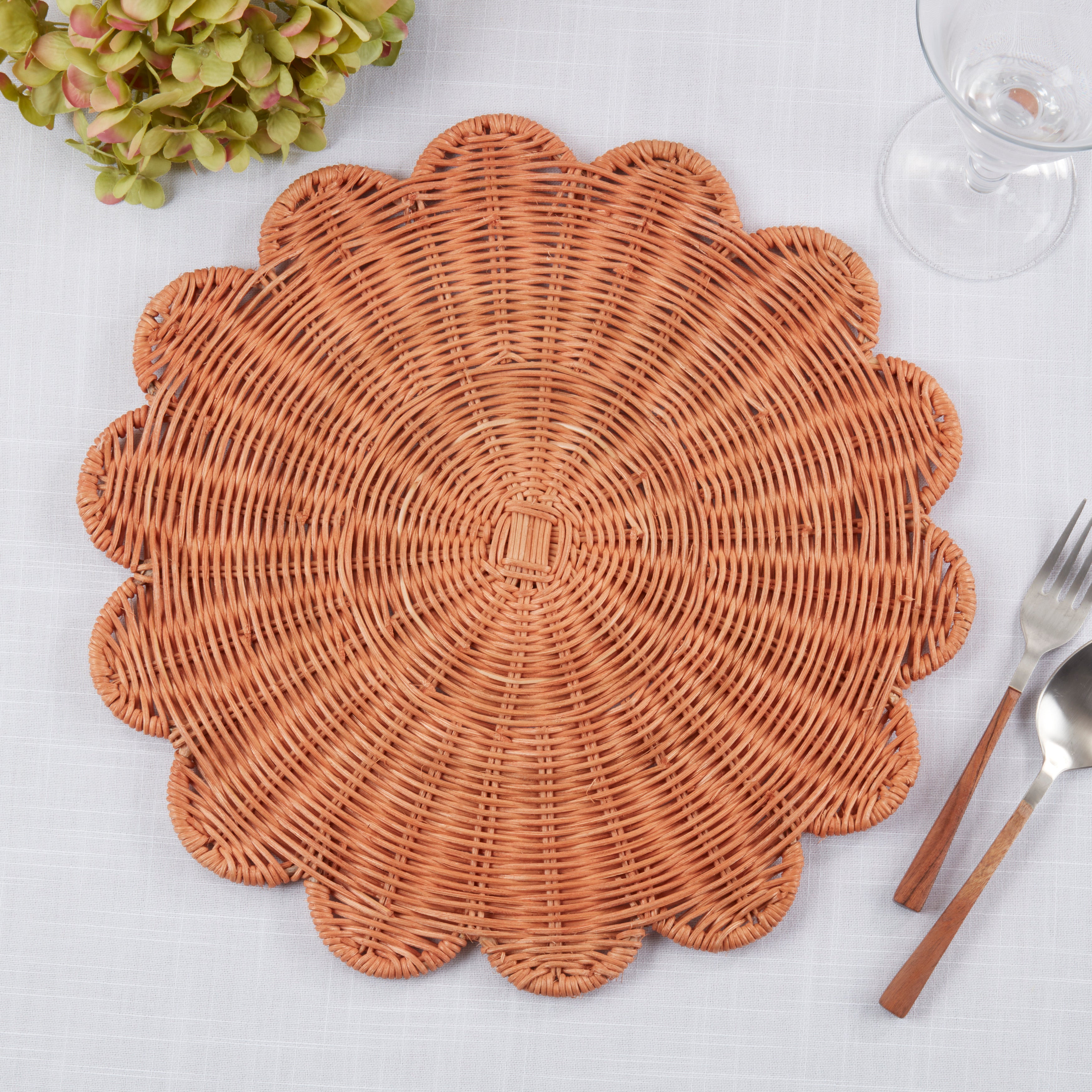 Rattan Charger Placemats with Handwoven Scalloped Design, Set of 4