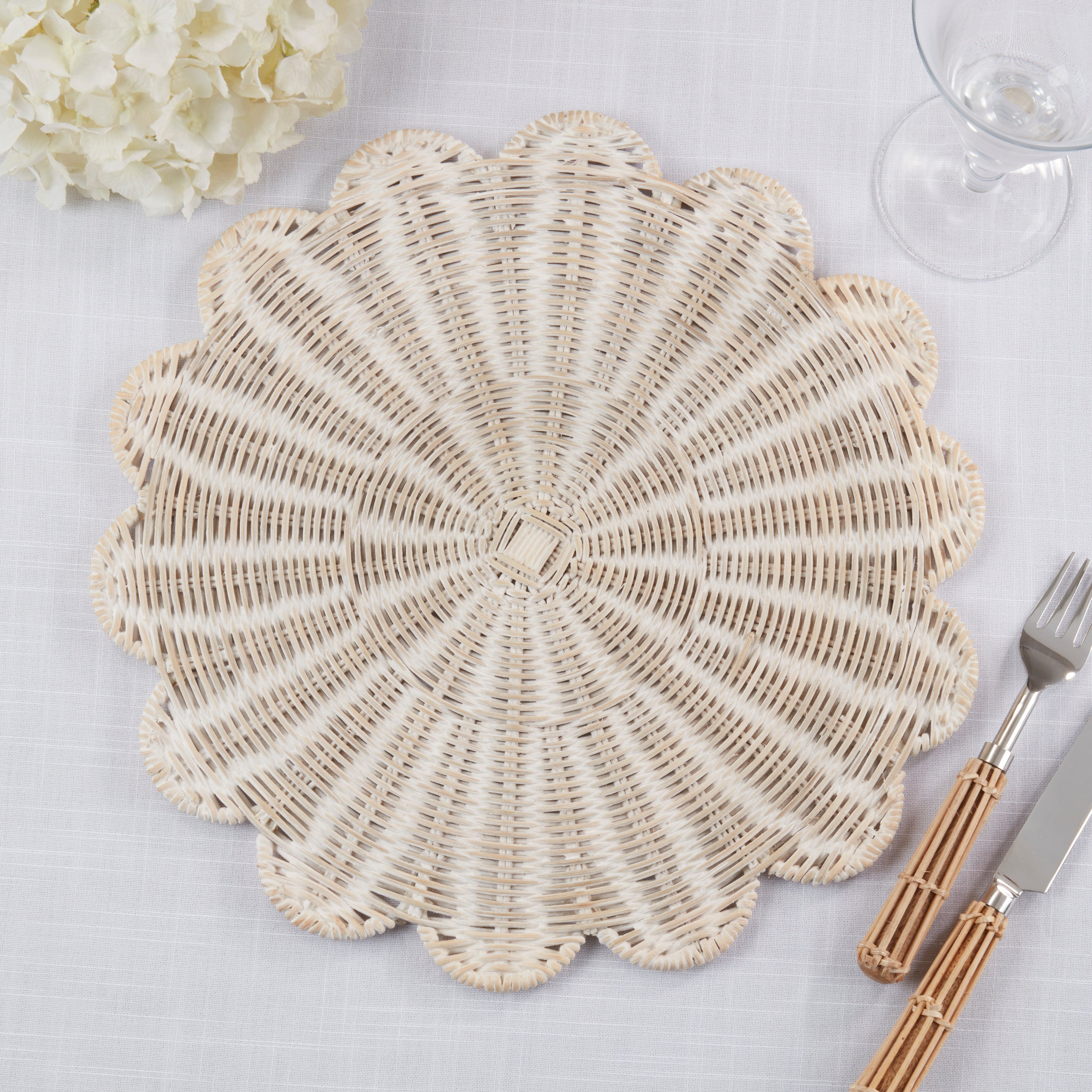 Rattan Charger Placemats with Handwoven Scalloped Design, Set of 4