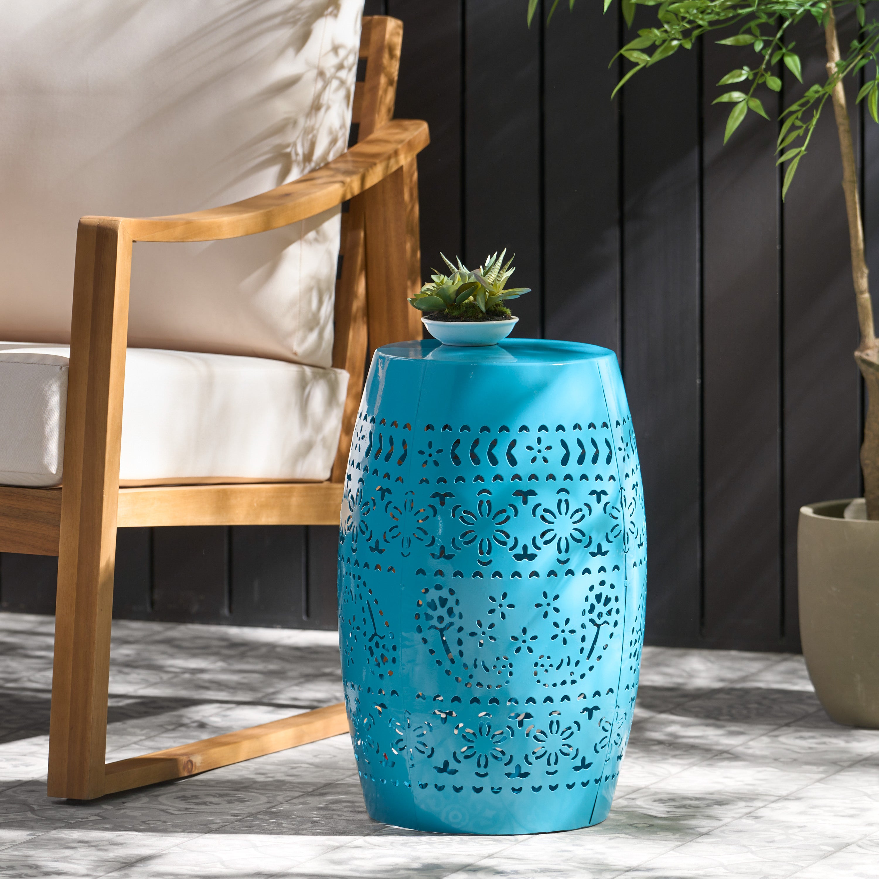 Ruby Outdoor Metal Lace Cutout Accent Table