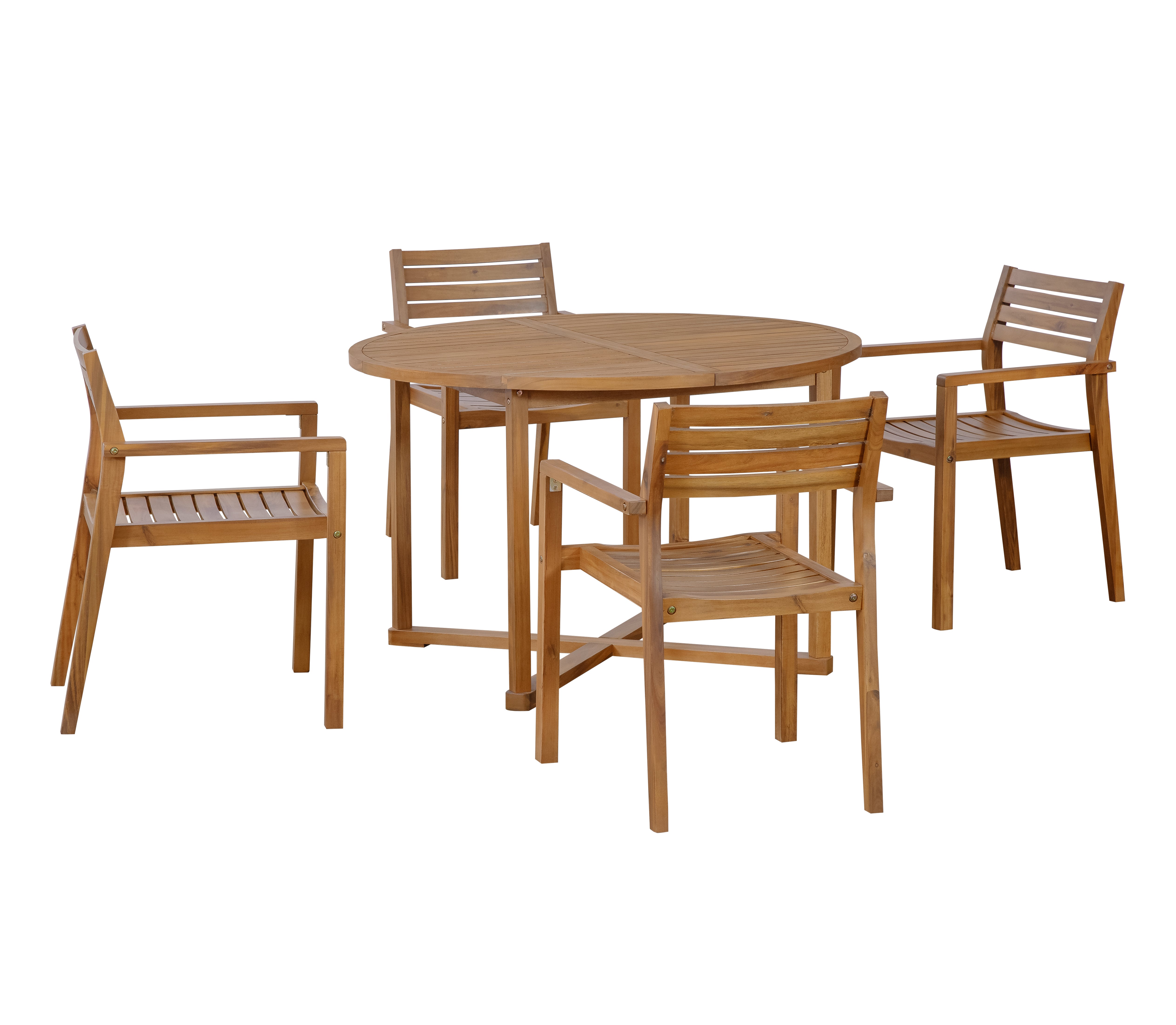 5-Piece Outdoor Dining Set with 4 Acacia Wood Chairs, 47.2" Round Dining Table with Slatted Design