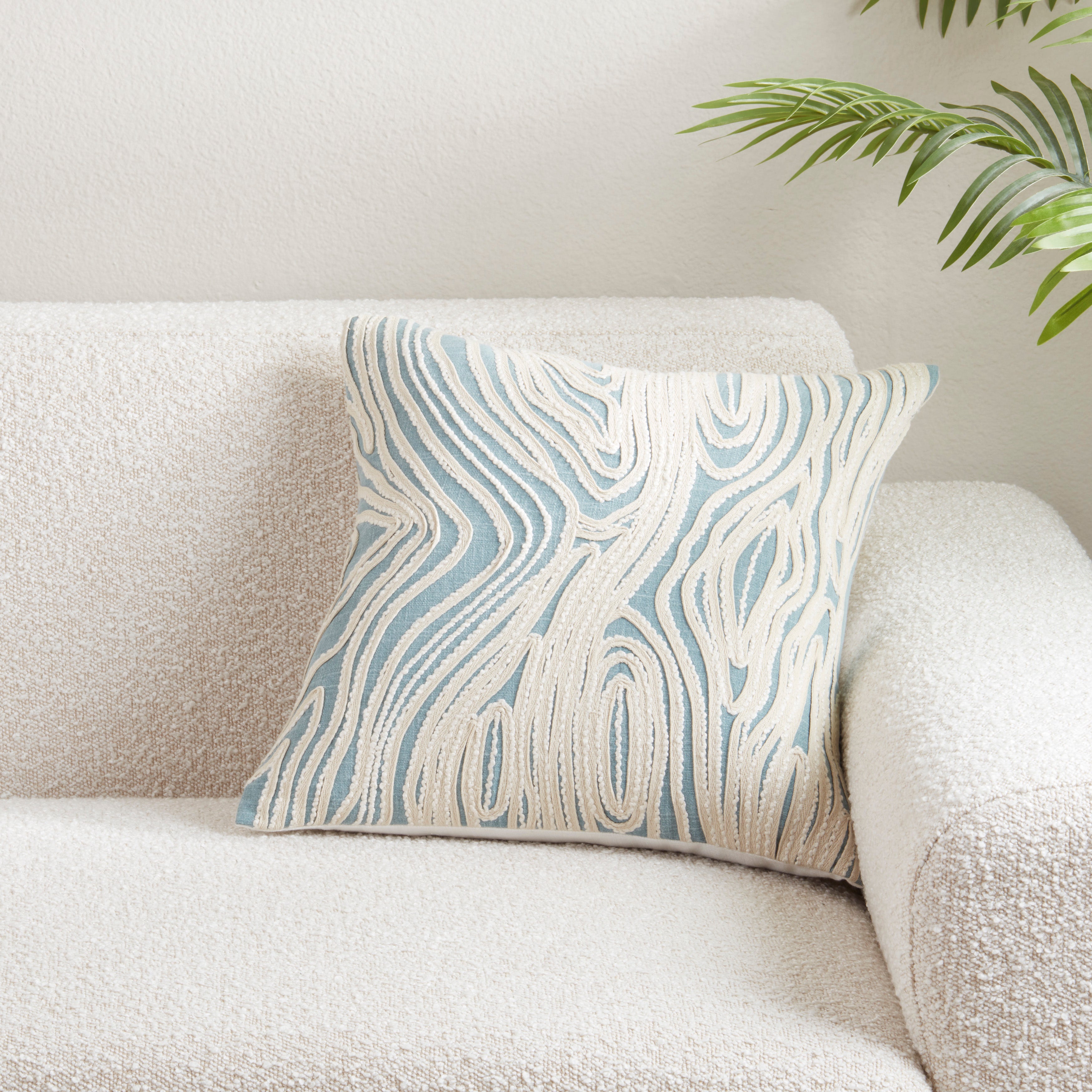 Embroidered Wave Cotton Poly Filled Throw Pillow