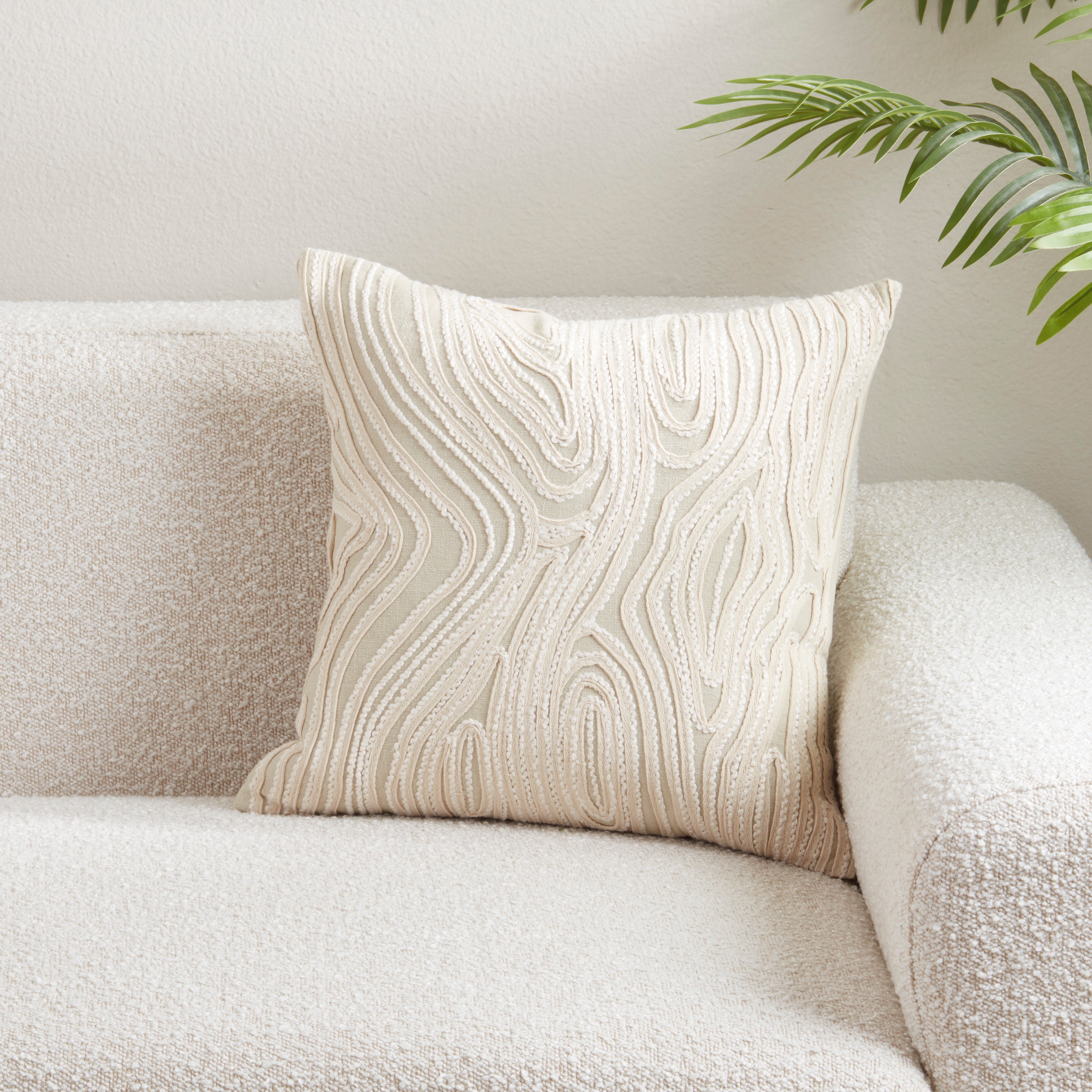 Embroidered Wave Cotton Poly Filled Throw Pillow