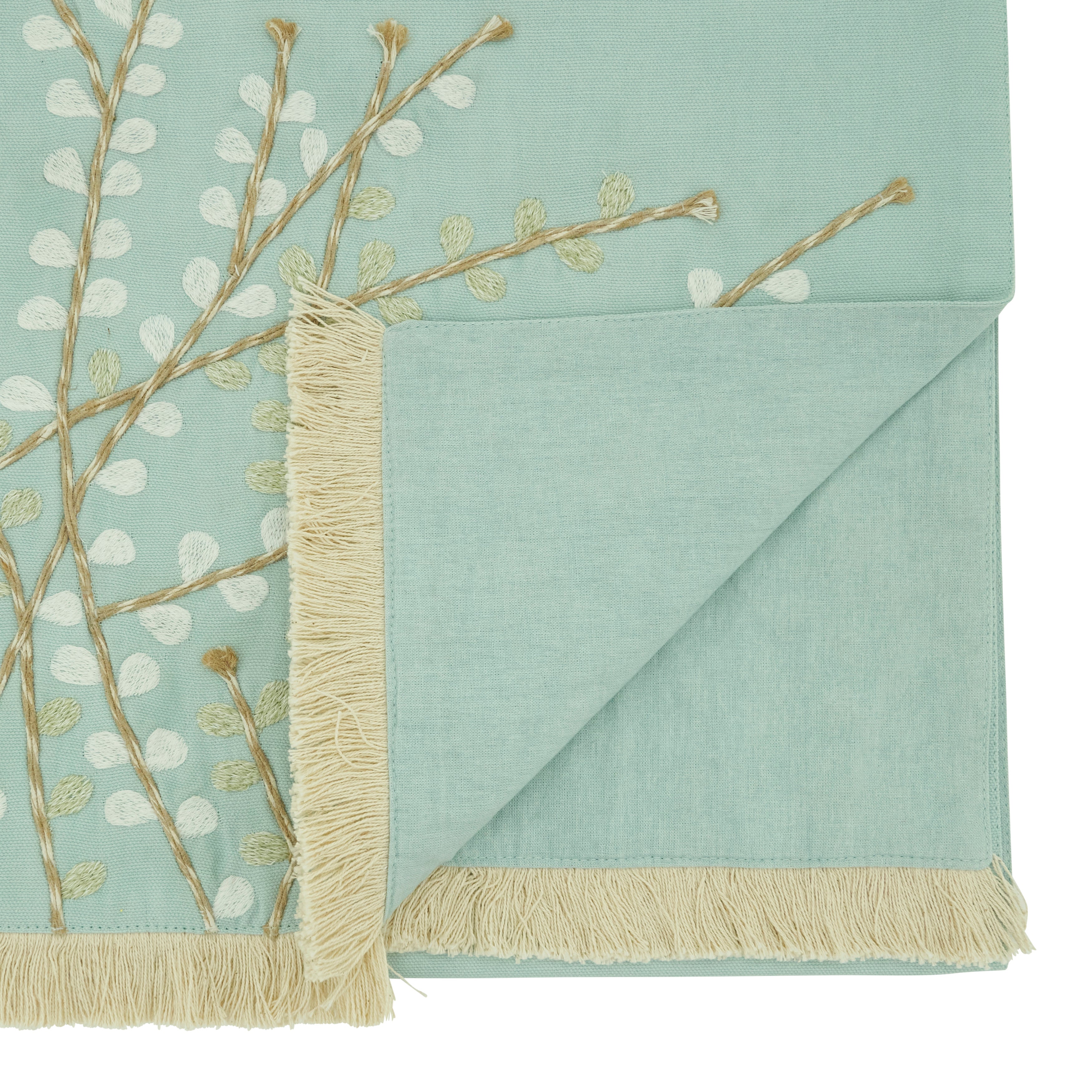 Embroidered Botanical Table Runner with Fringe