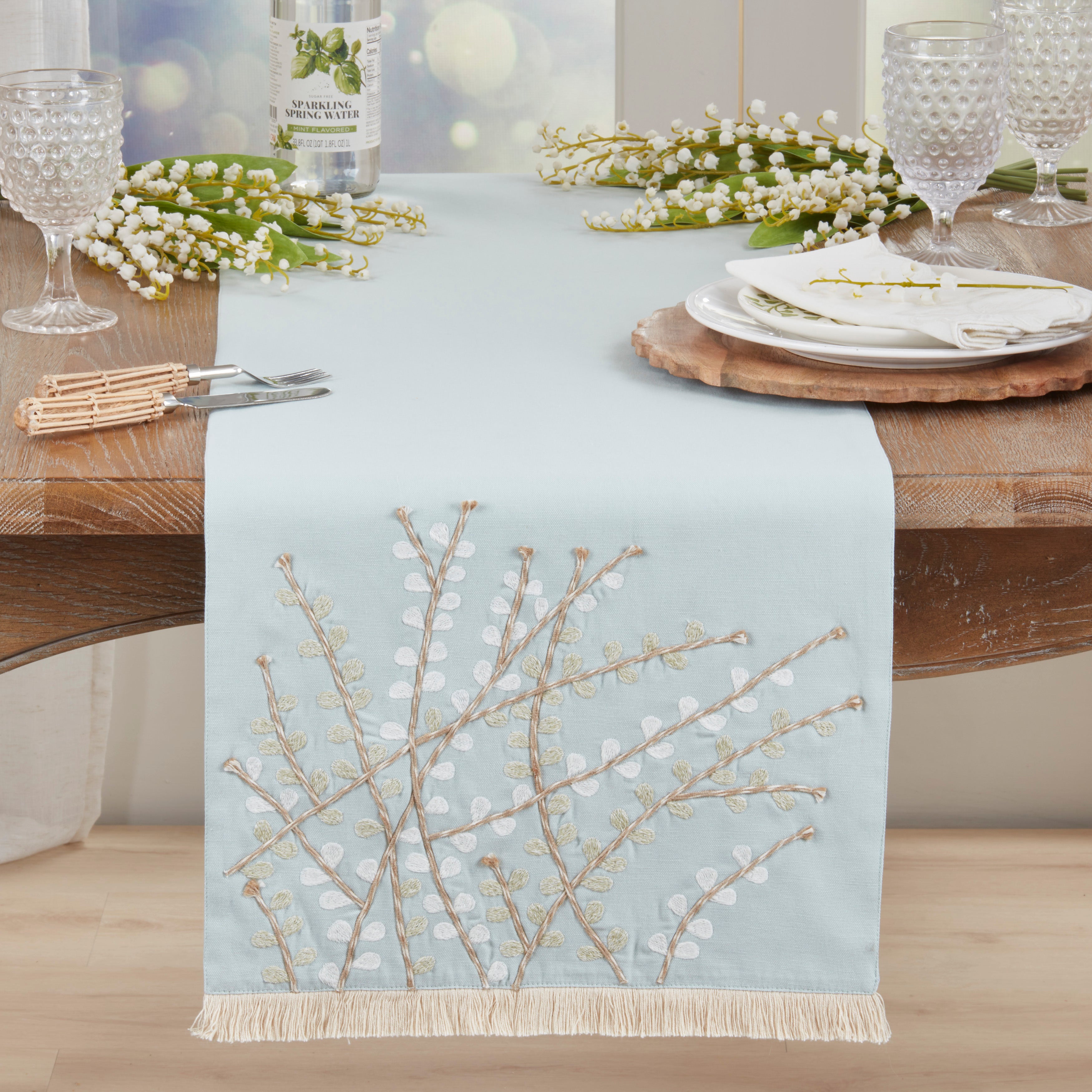 Embroidered Botanical Table Runner with Fringe