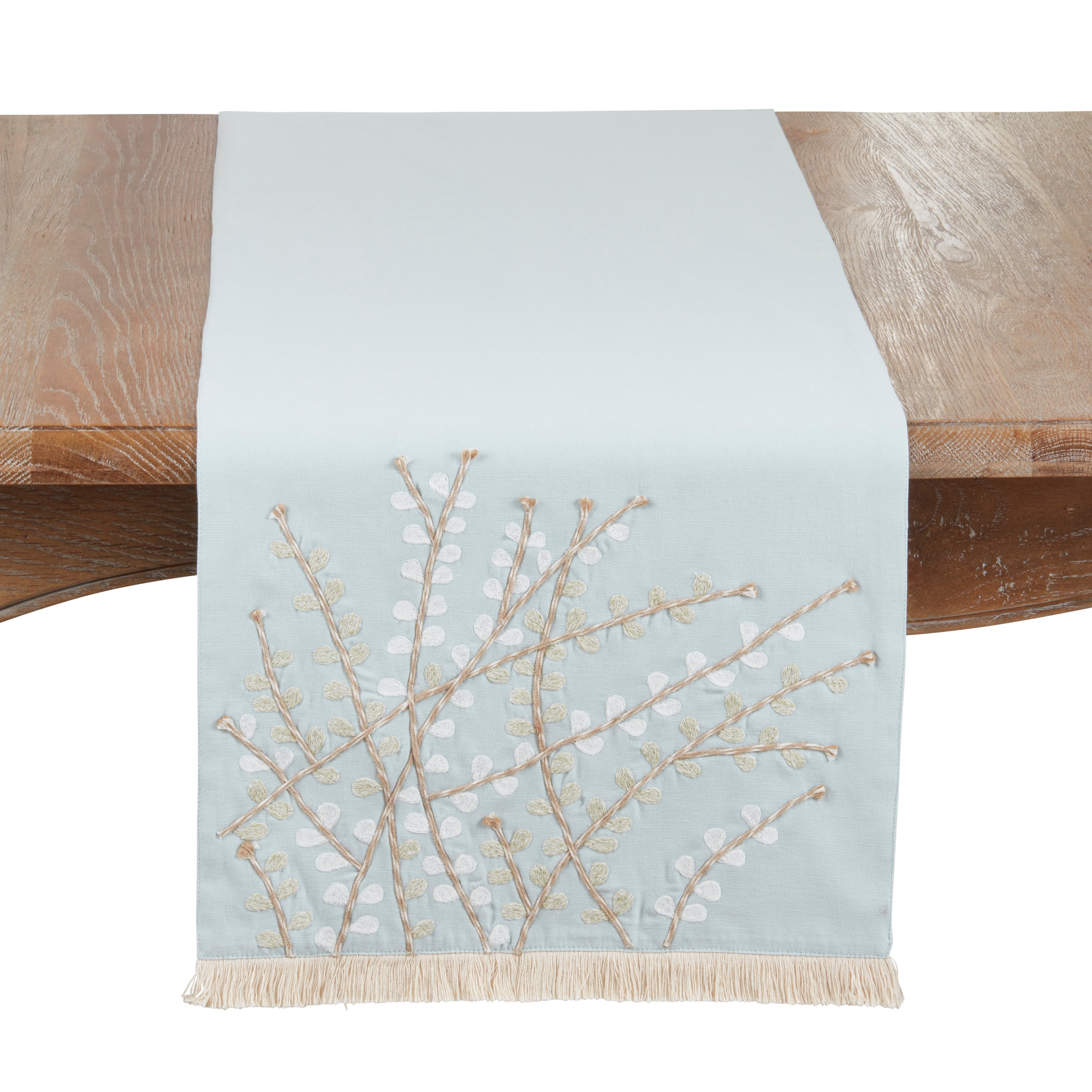 Embroidered Botanical Table Runner with Fringe