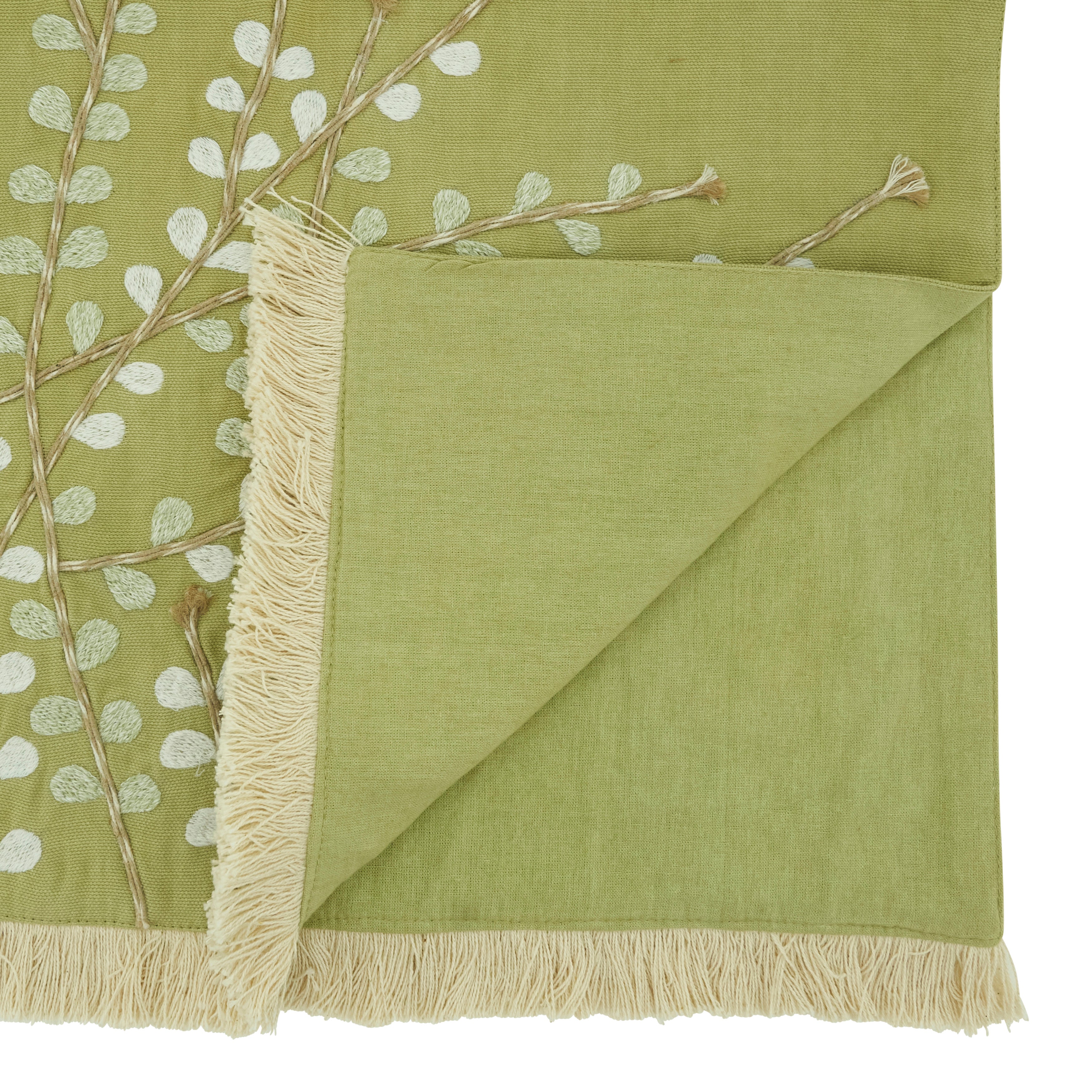 Embroidered Botanical Table Runner with Fringe