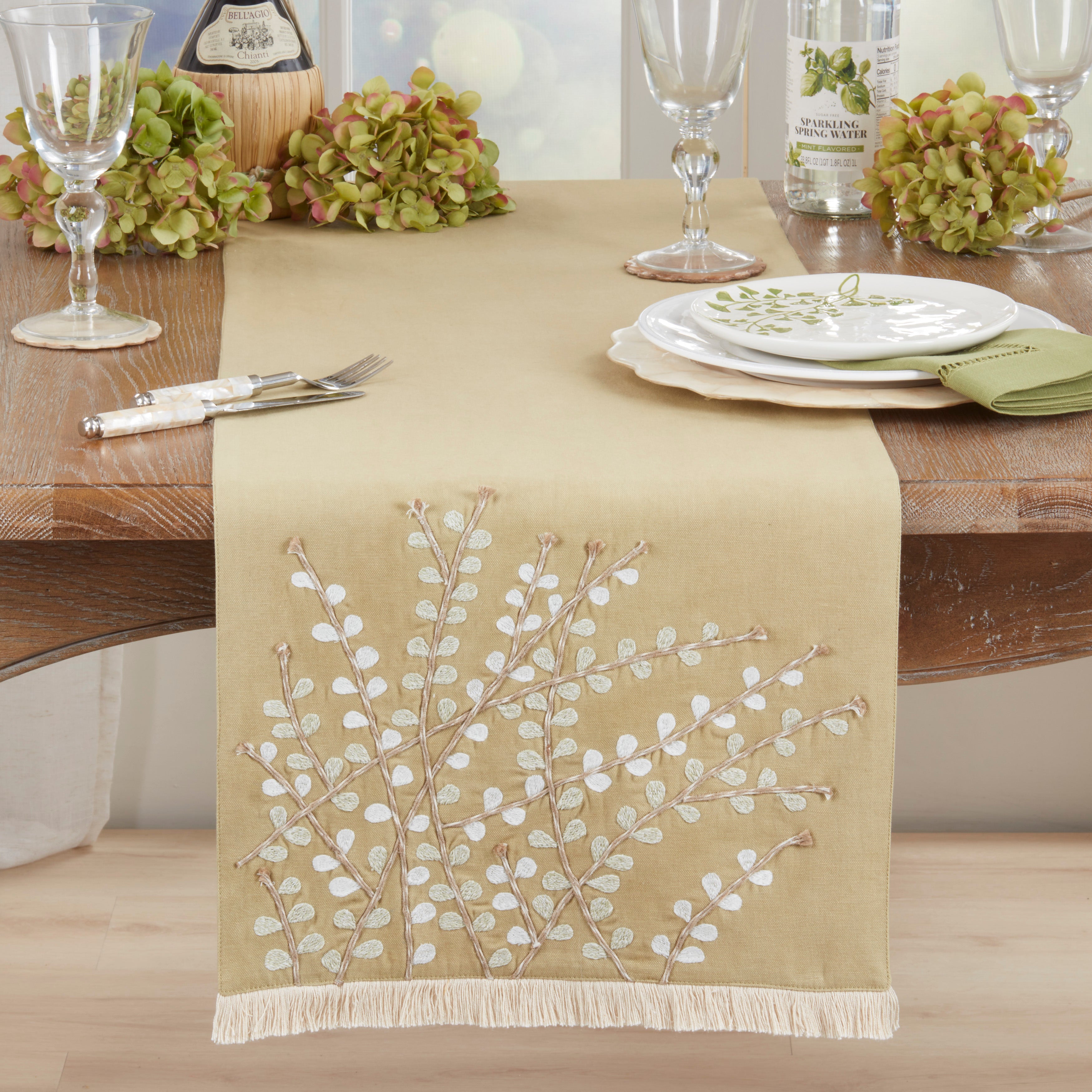 Embroidered Botanical Table Runner with Fringe