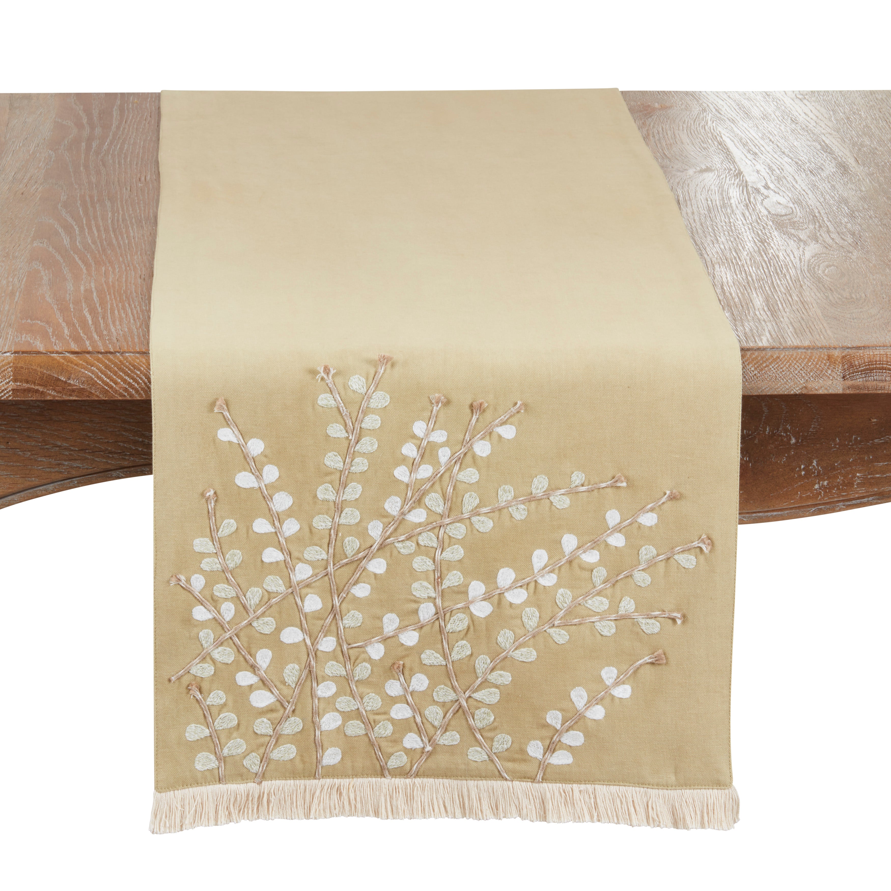 Embroidered Botanical Table Runner with Fringe