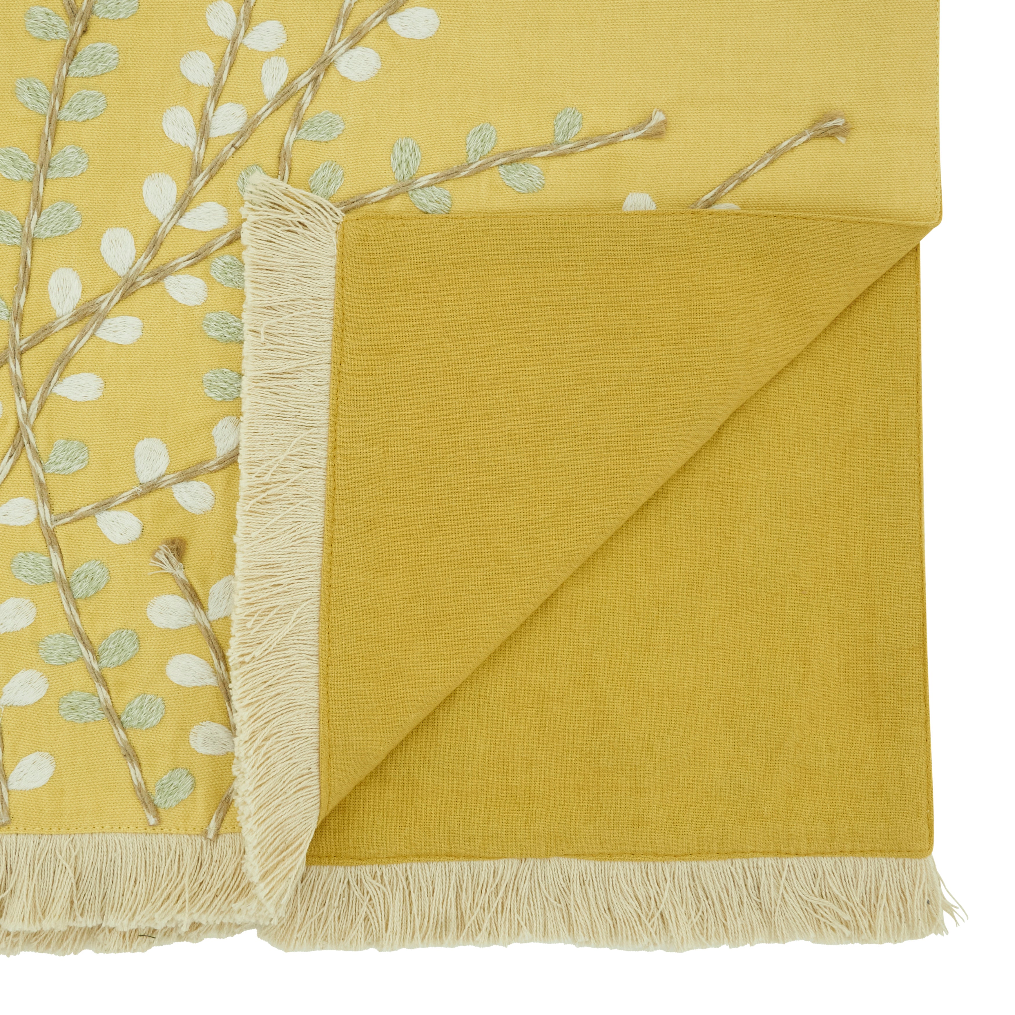 Embroidered Botanical Table Runner with Fringe