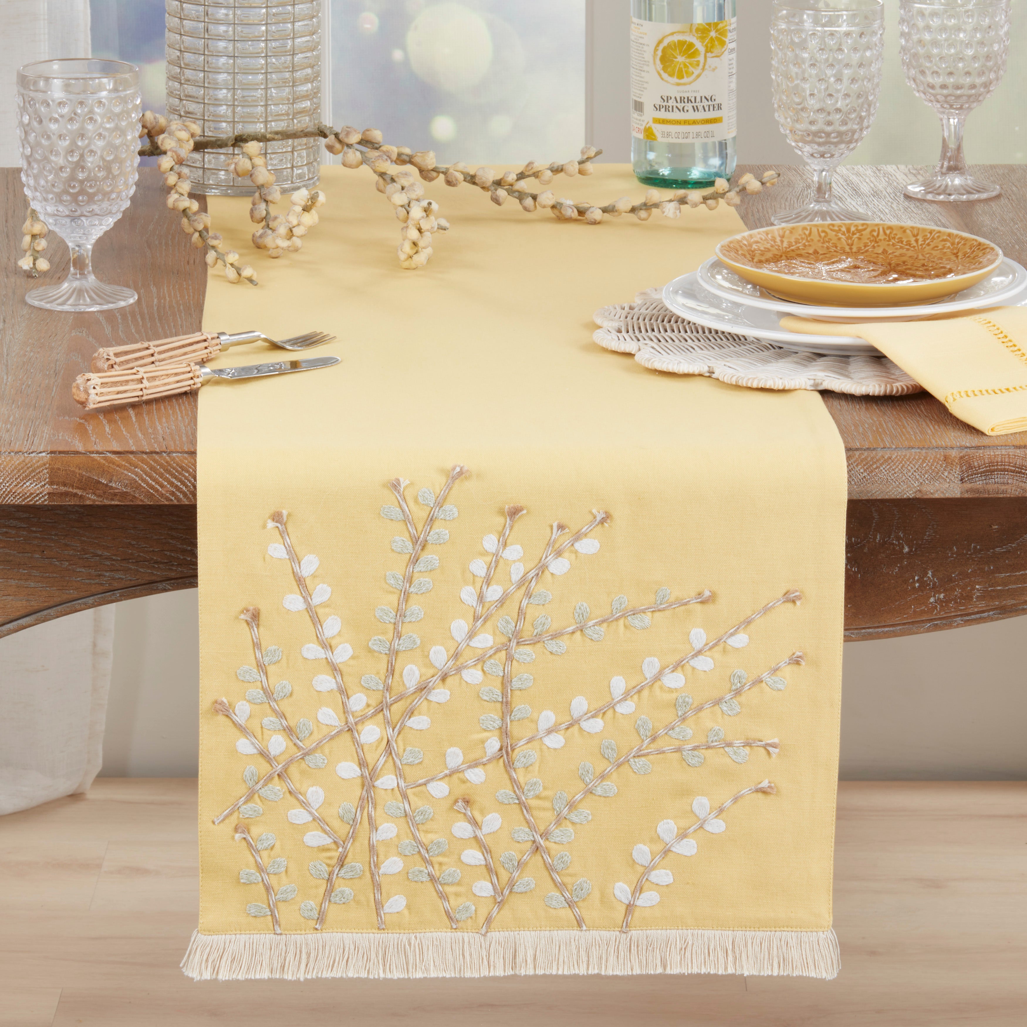 Embroidered Botanical Table Runner with Fringe