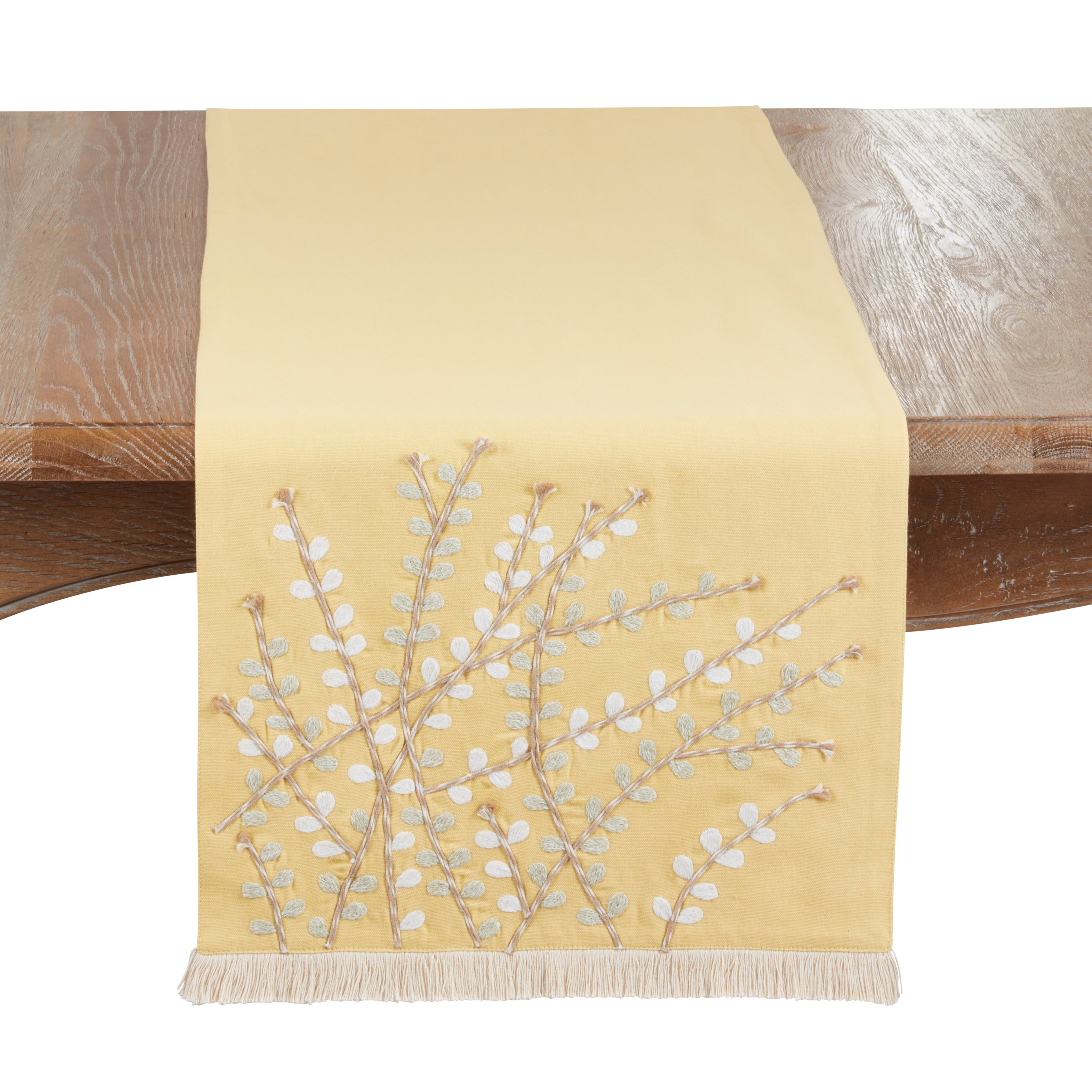 Embroidered Botanical Table Runner with Fringe
