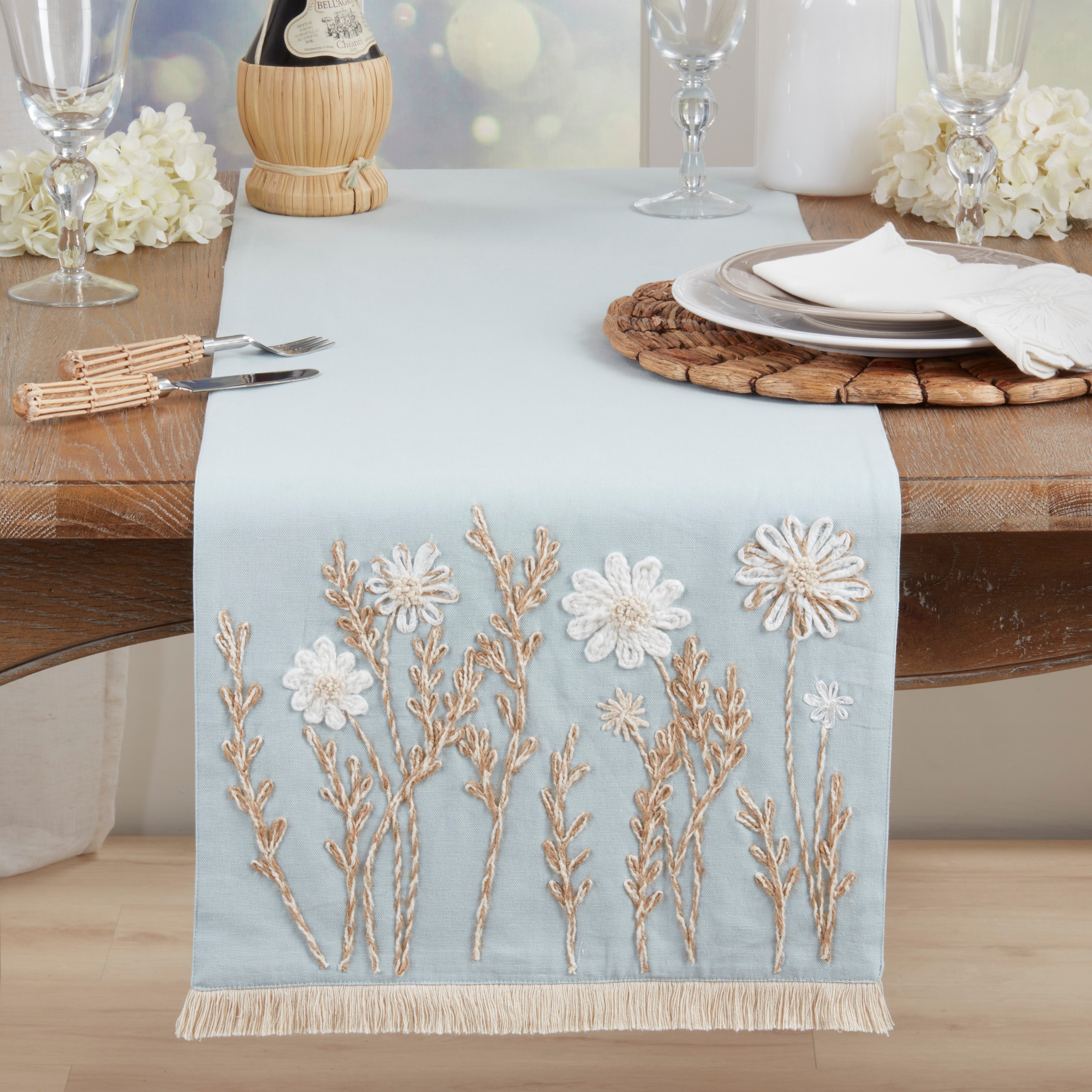 Embroidered Floral Table Runner with Fringe