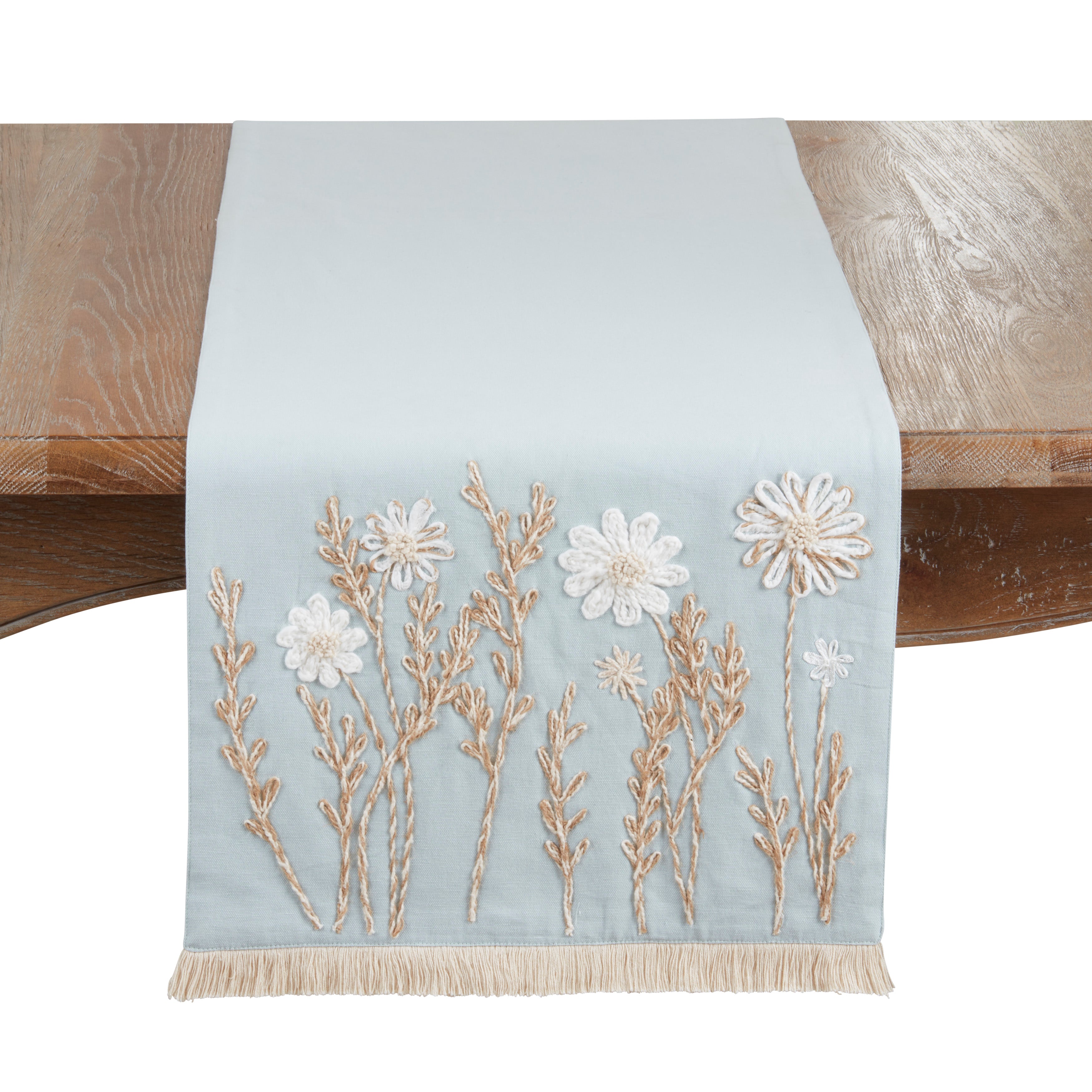 Embroidered Floral Table Runner with Fringe