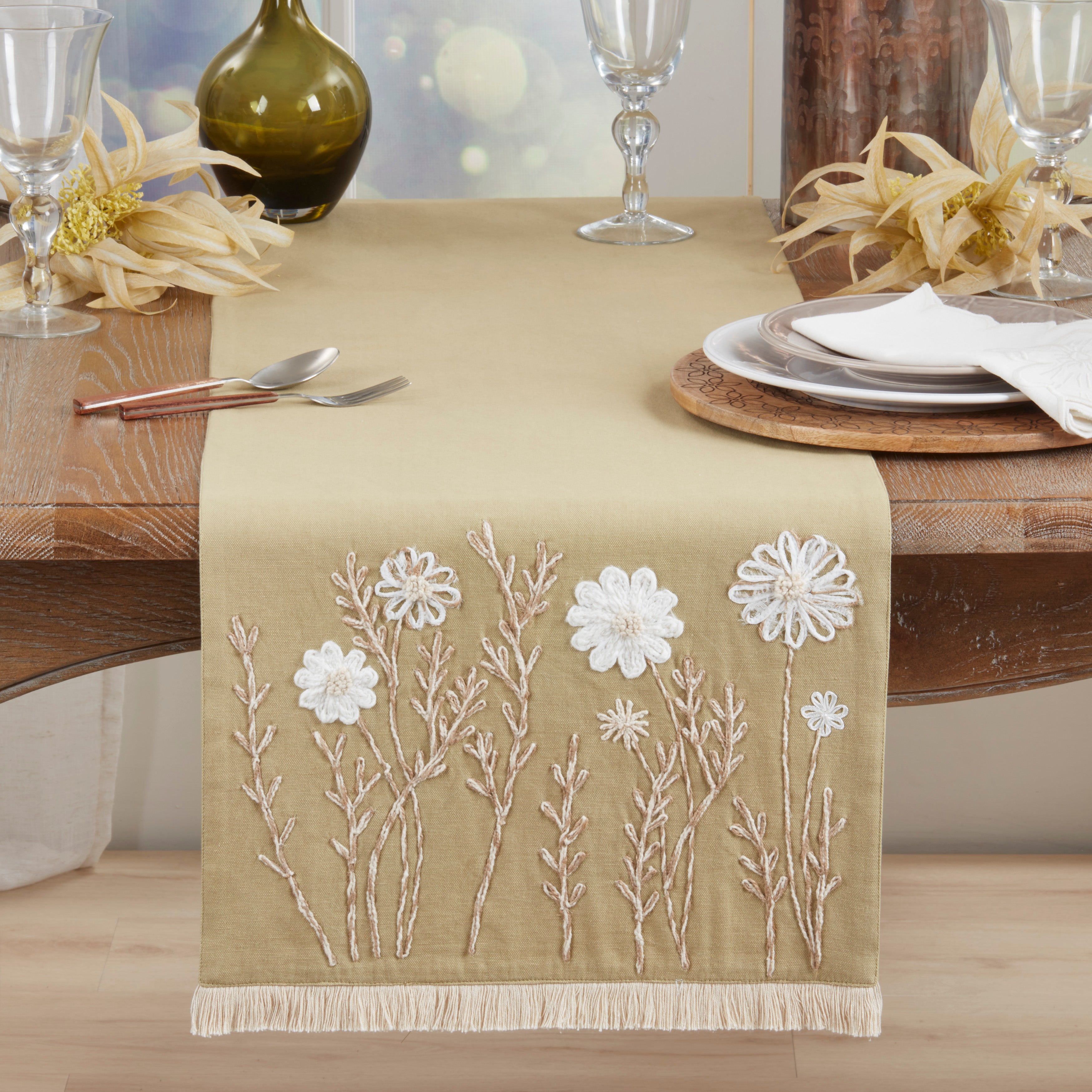 Embroidered Floral Table Runner with Fringe