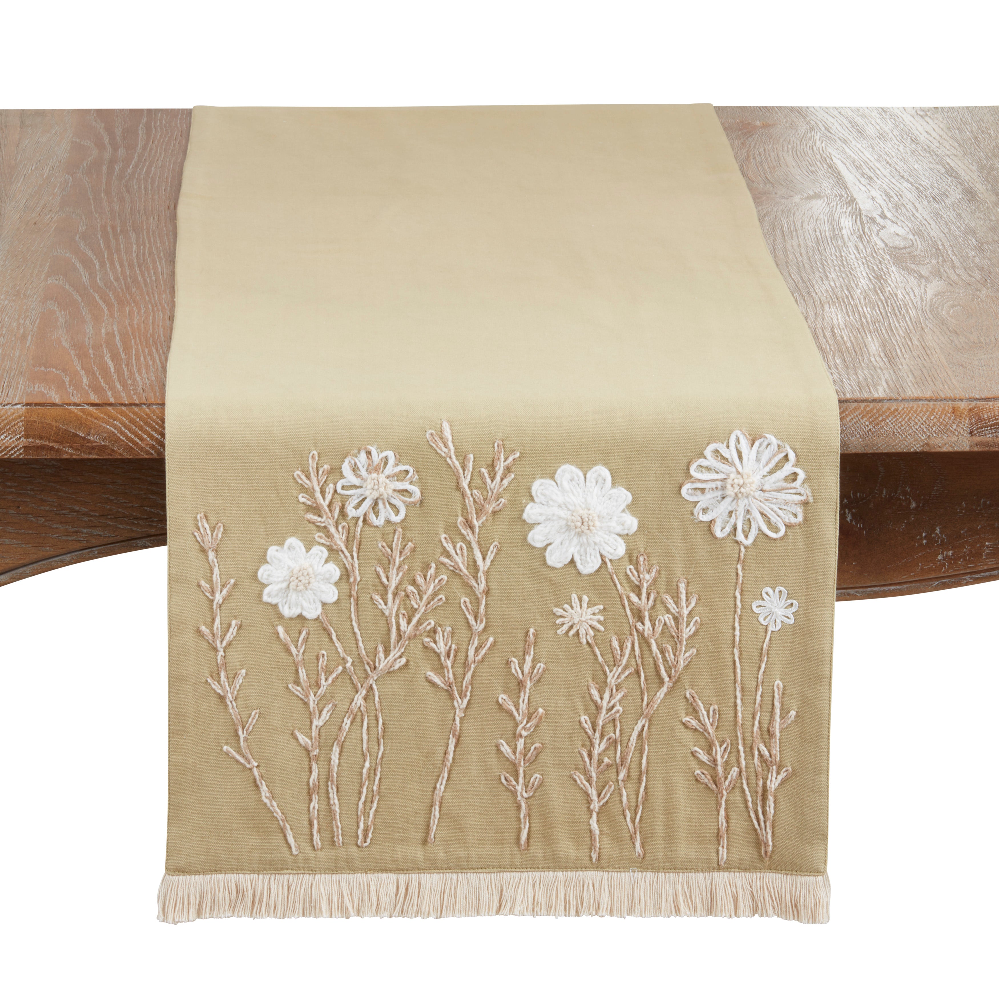 Embroidered Floral Table Runner with Fringe