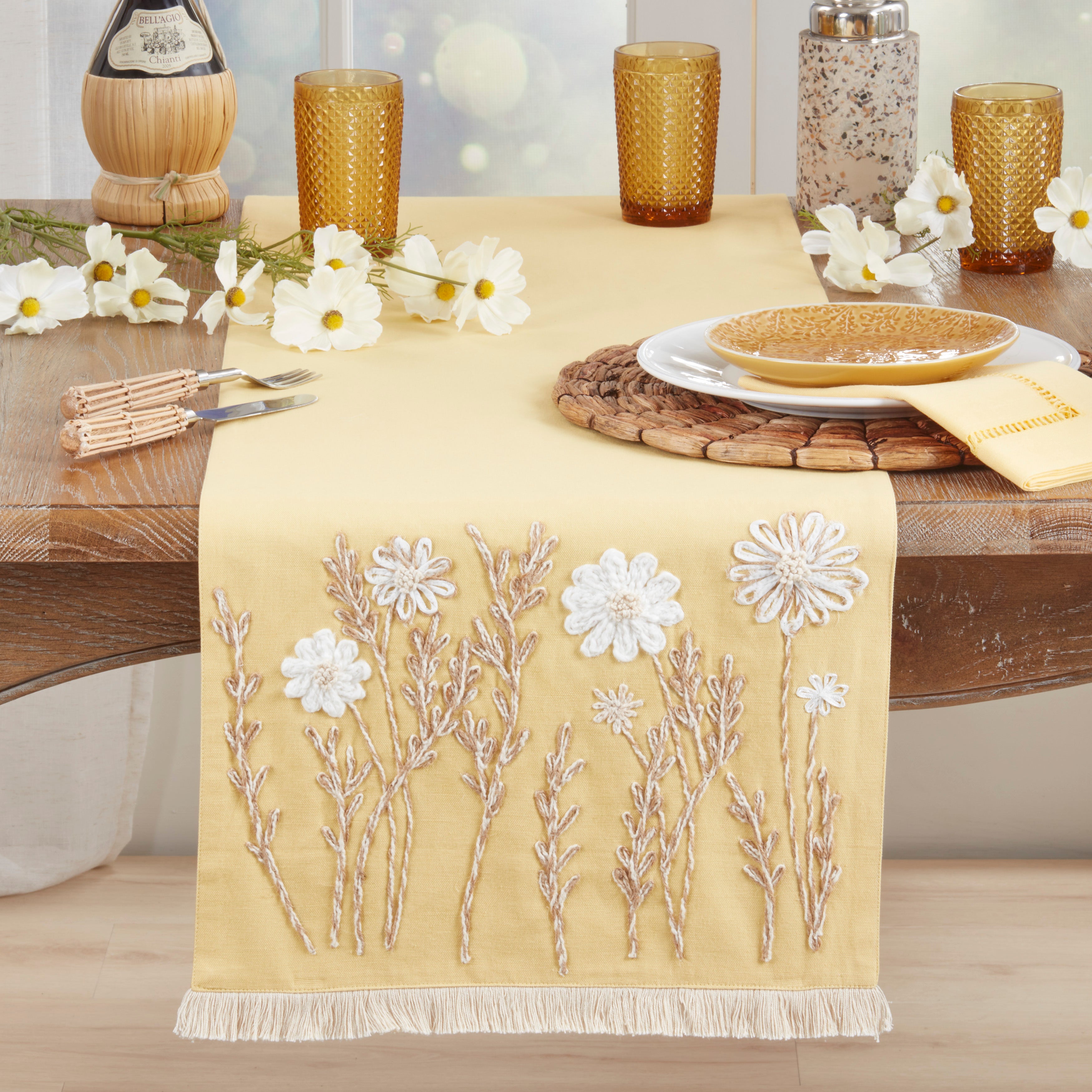 Embroidered Floral Table Runner with Fringe
