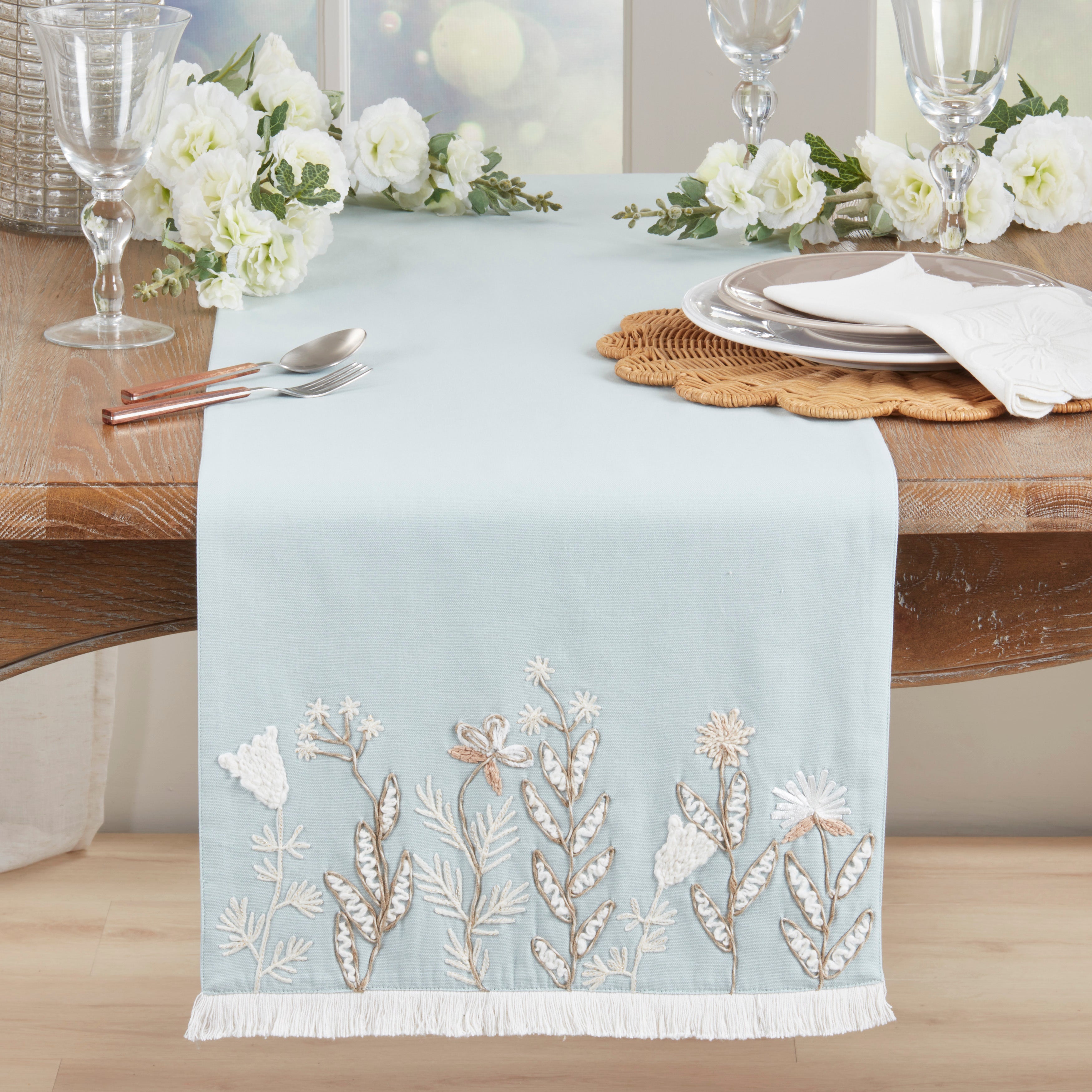 Embroidered Meadow Table Runner with Fringe
