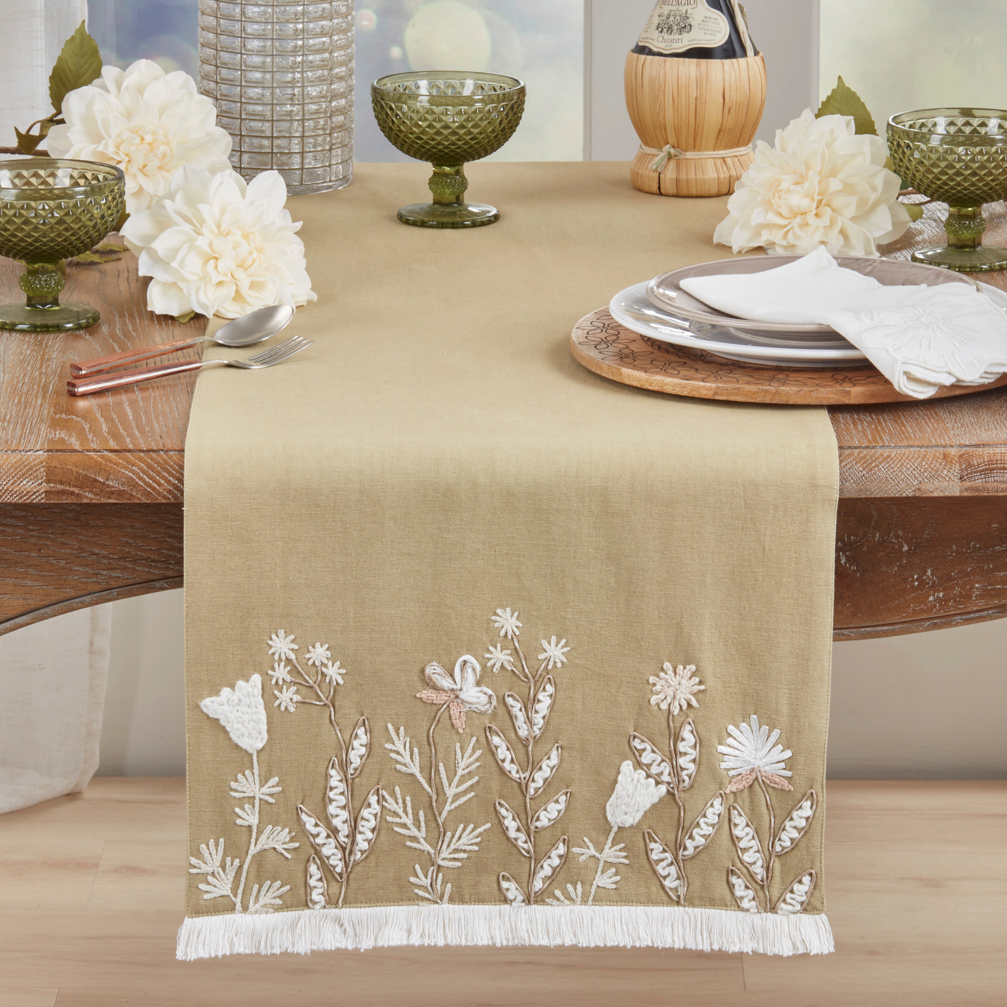 Embroidered Meadow Table Runner with Fringe