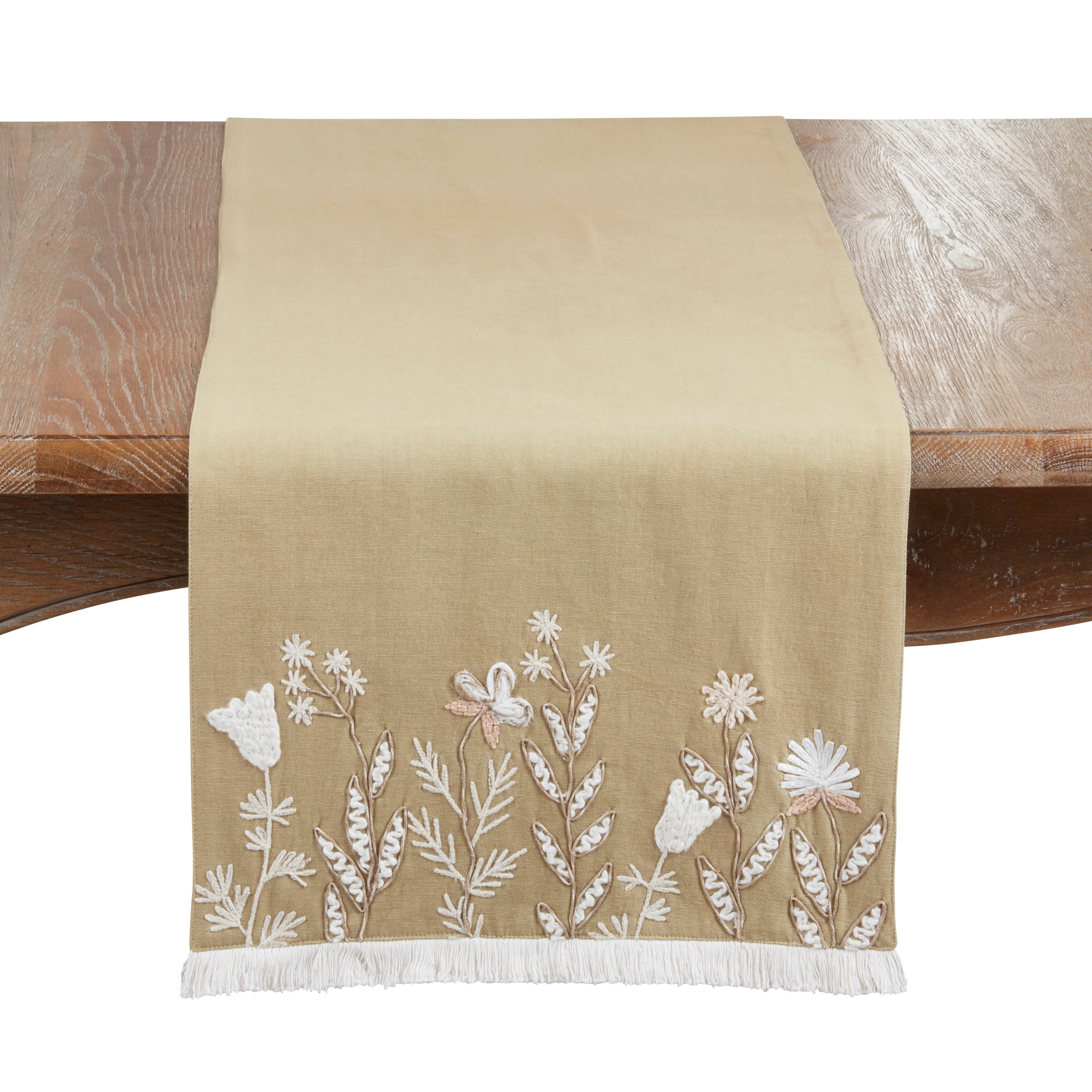 Embroidered Meadow Table Runner with Fringe