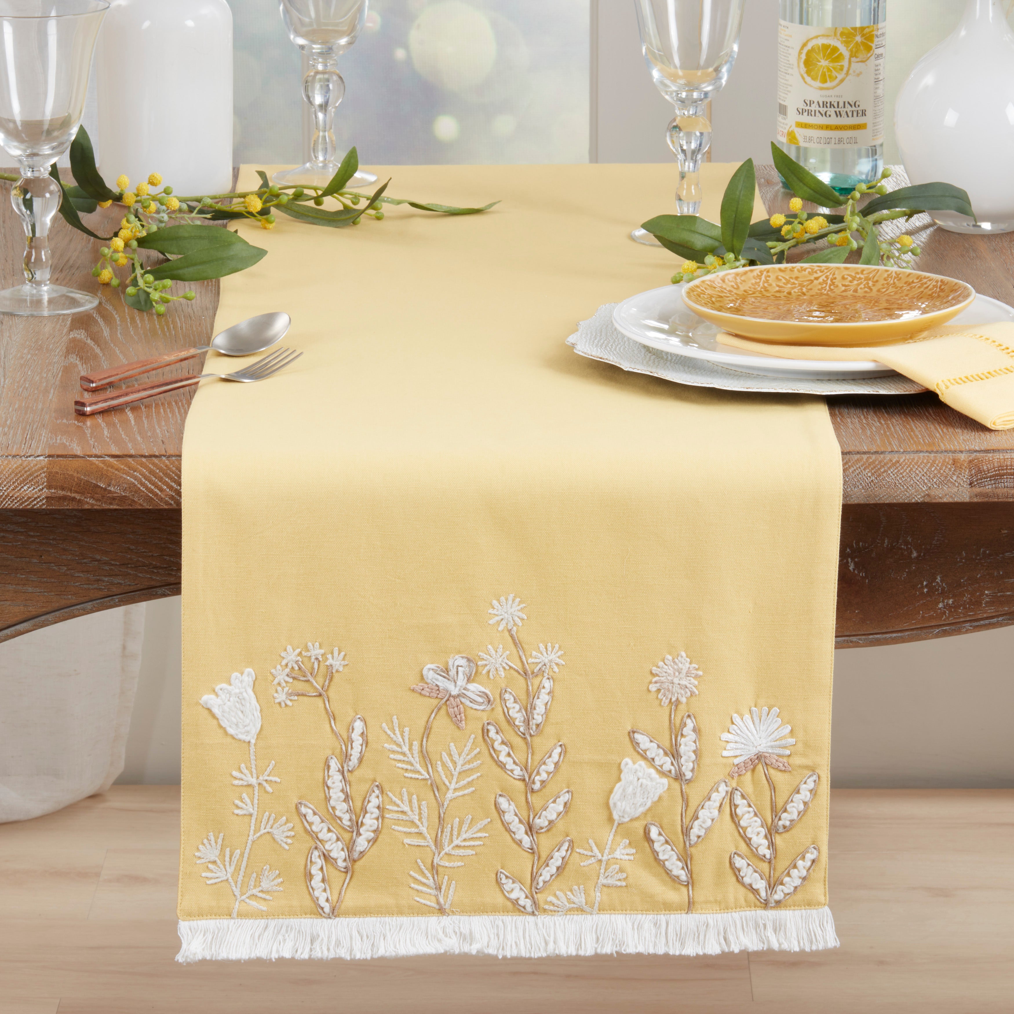 Embroidered Meadow Table Runner with Fringe