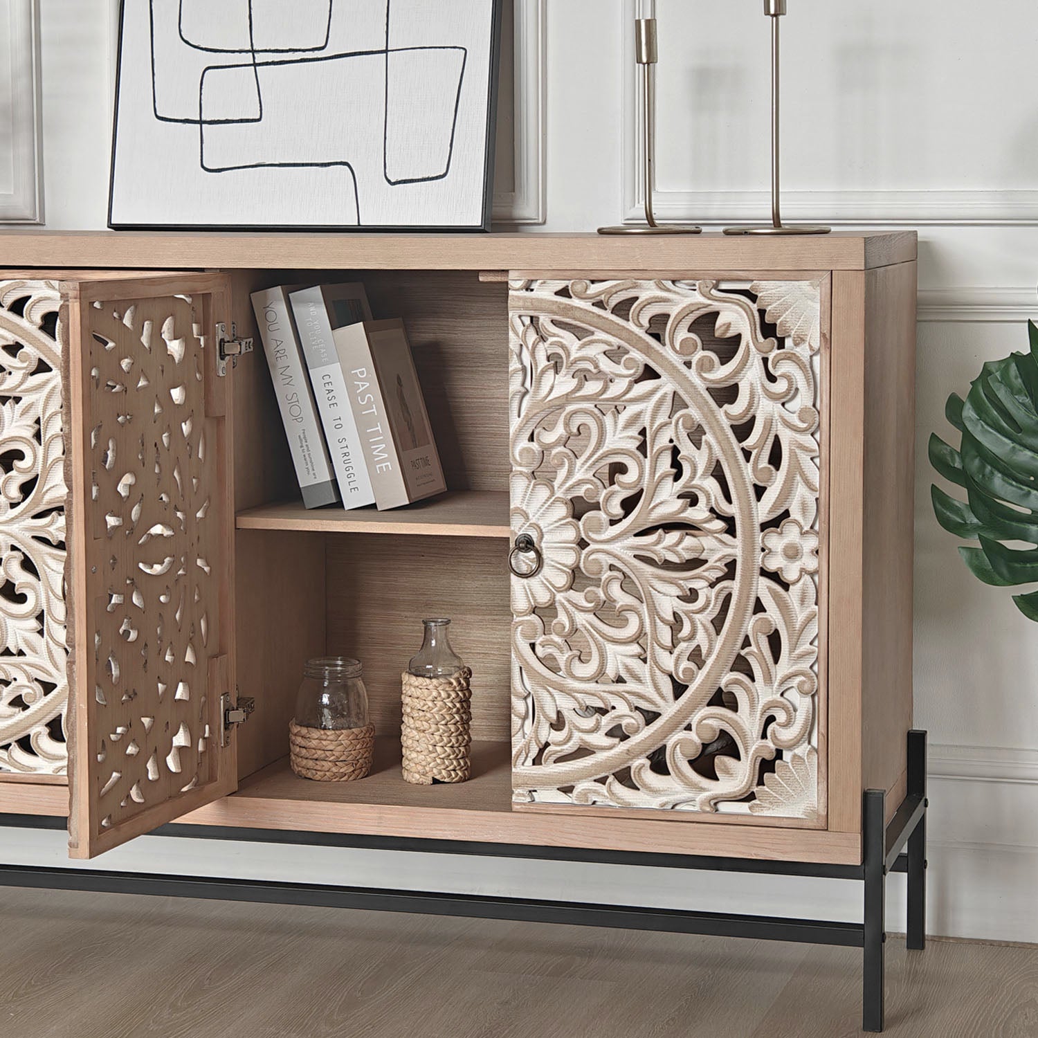 Vintage Carved Wood 4-Door Cabinet