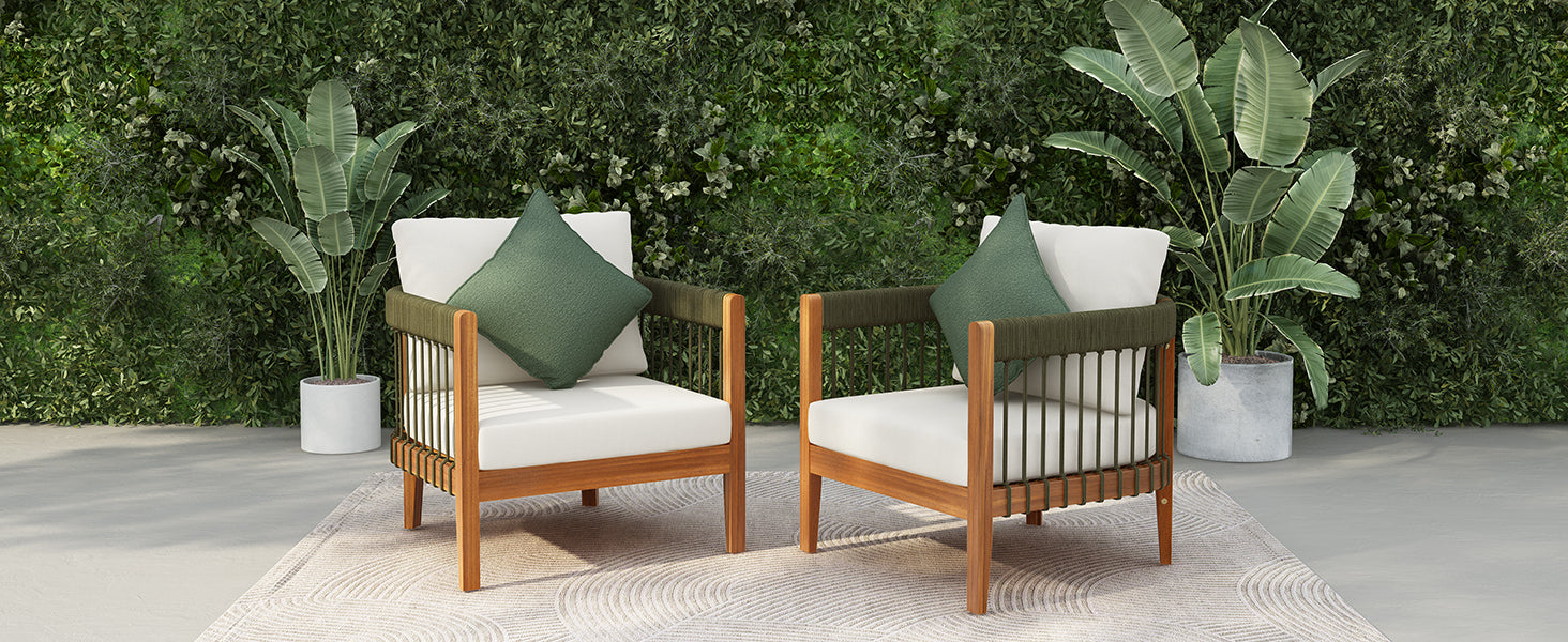 Azari Outdoor Acacia Wood Club Chair with Handwoven Rope Accents & Curved Backrest