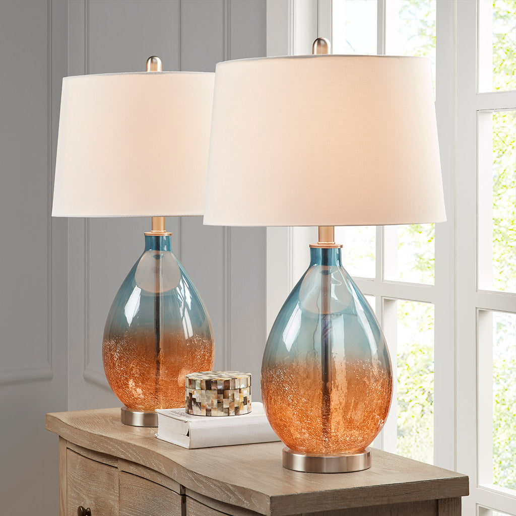 Glass Table Lamp with Drum-Shaped Shade, Set of 2