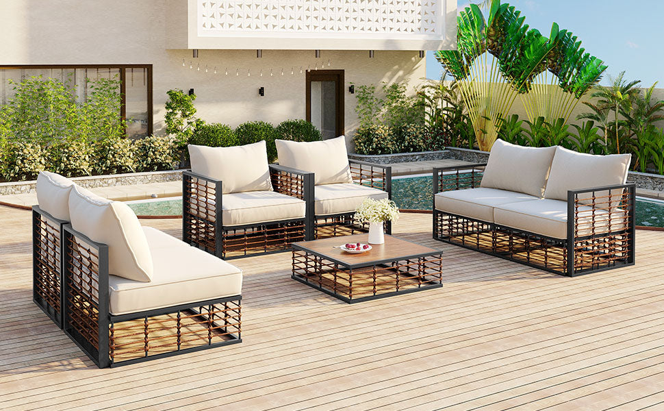 TOPMAX Modern Minimalist 7-Piece Metal Patio Sectional Sofa Set, All-Weather Garden Conversational Furniture Set with Thick Cushions and Coffee Table for Indoor Outdoor, Dark Grey