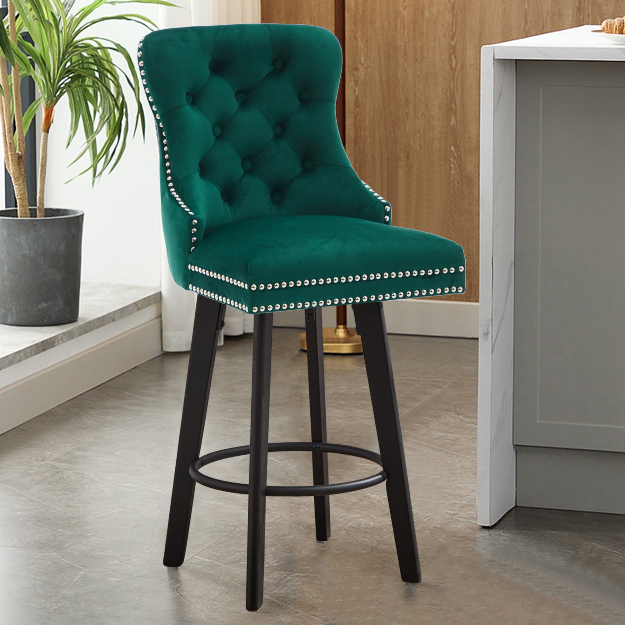 Modern Velvet Button Tufted Swivel Bar Stool with Metal Pull Ring