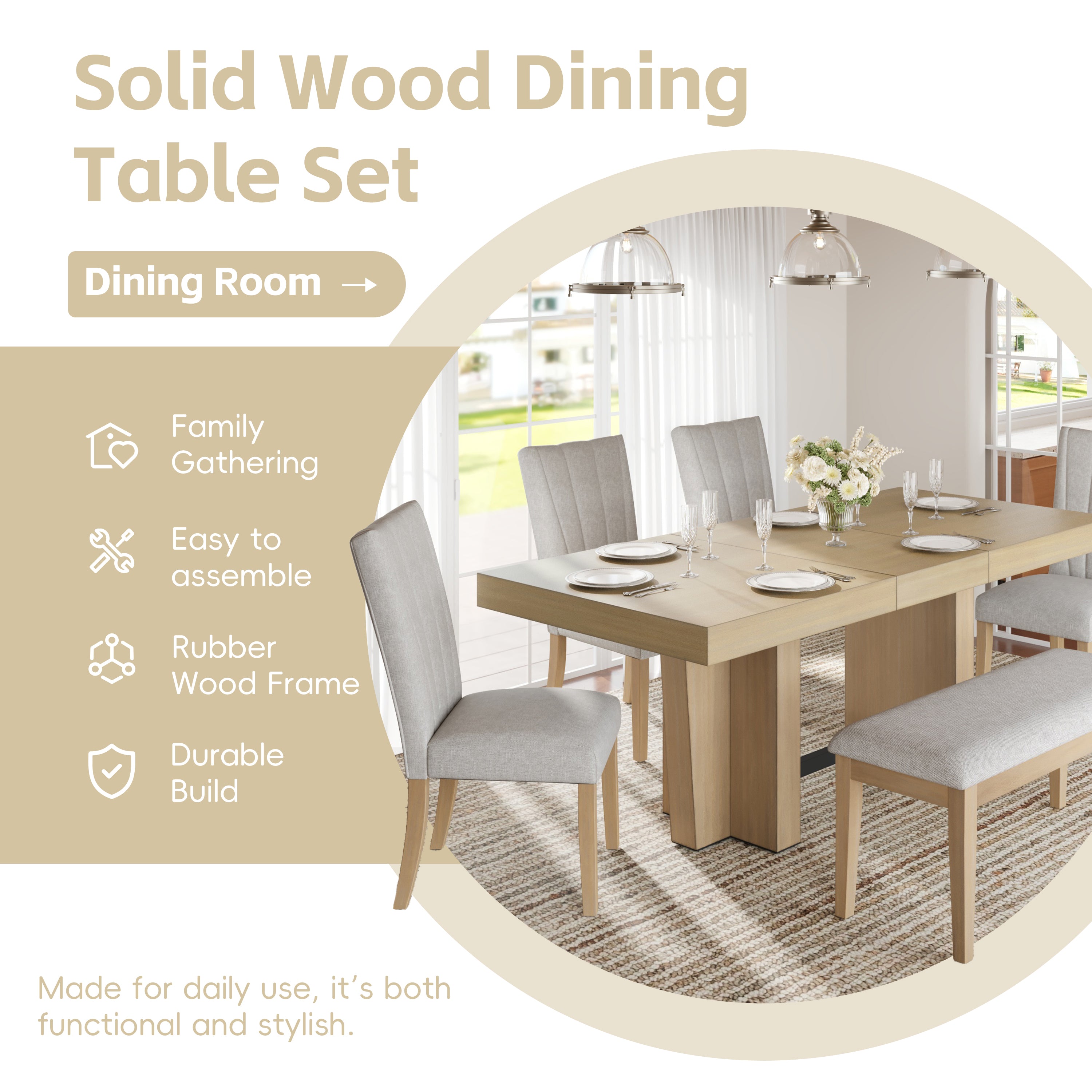Meadowlark Farmhouse Extendable Wood Dining Table with 4 Upholstered Chairs & Bench