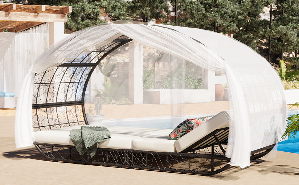 90.55" Outdoor Daybed with Curtain and Adjustable Backrest