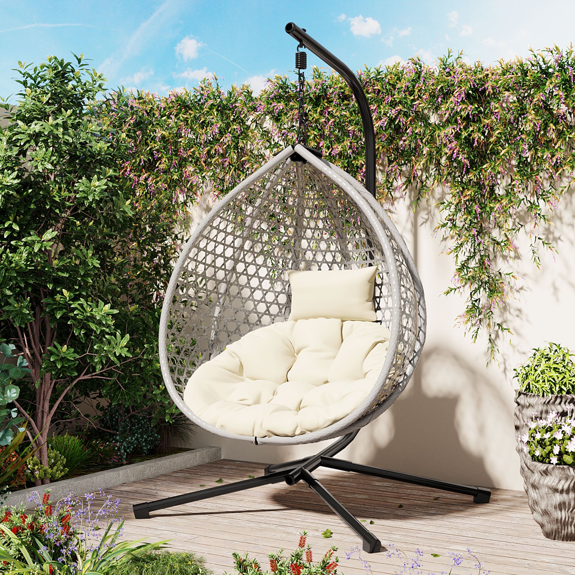 Hanging Swinging Egg Chair with Rattan Weaving, Base Included