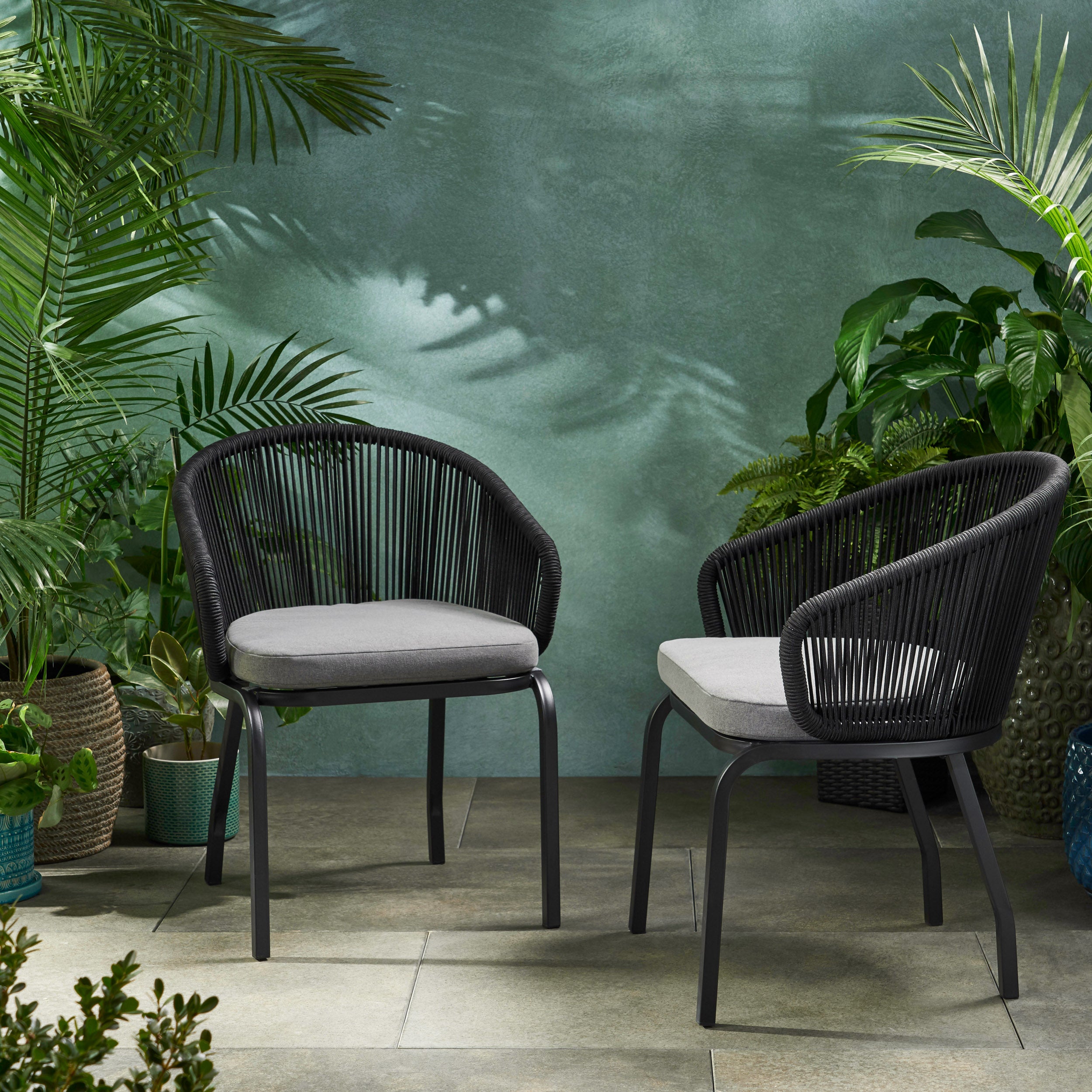 Outdoor Accent Chair with Rope Weave and Metal Frame, Set of 2