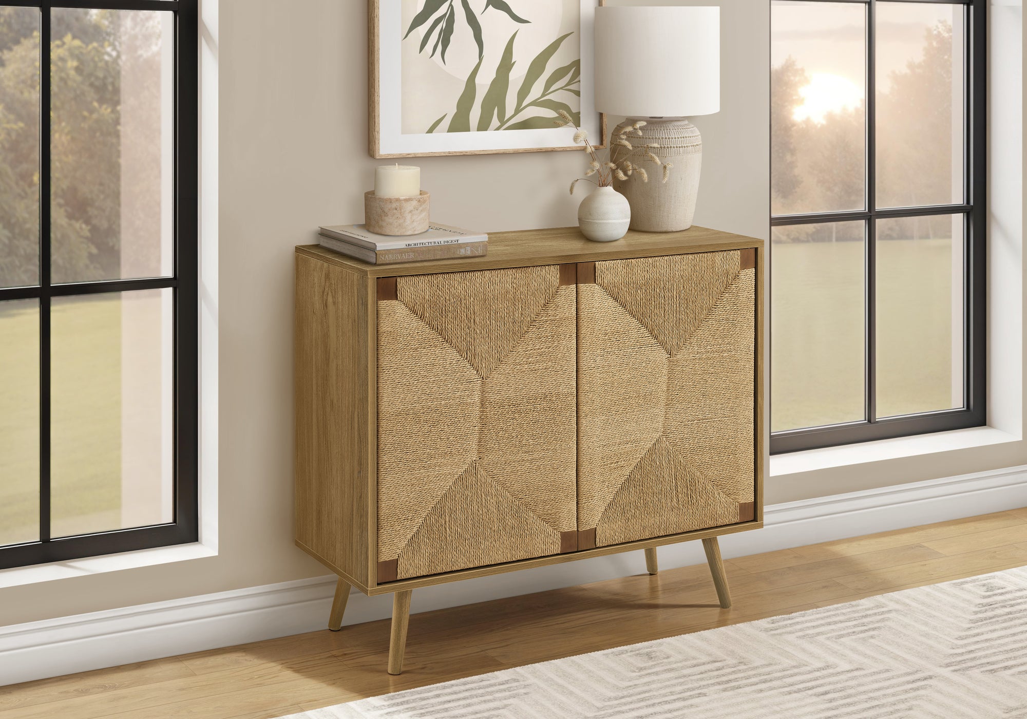 Mid Century Seagrass-Look 2-Door Accent Chest
