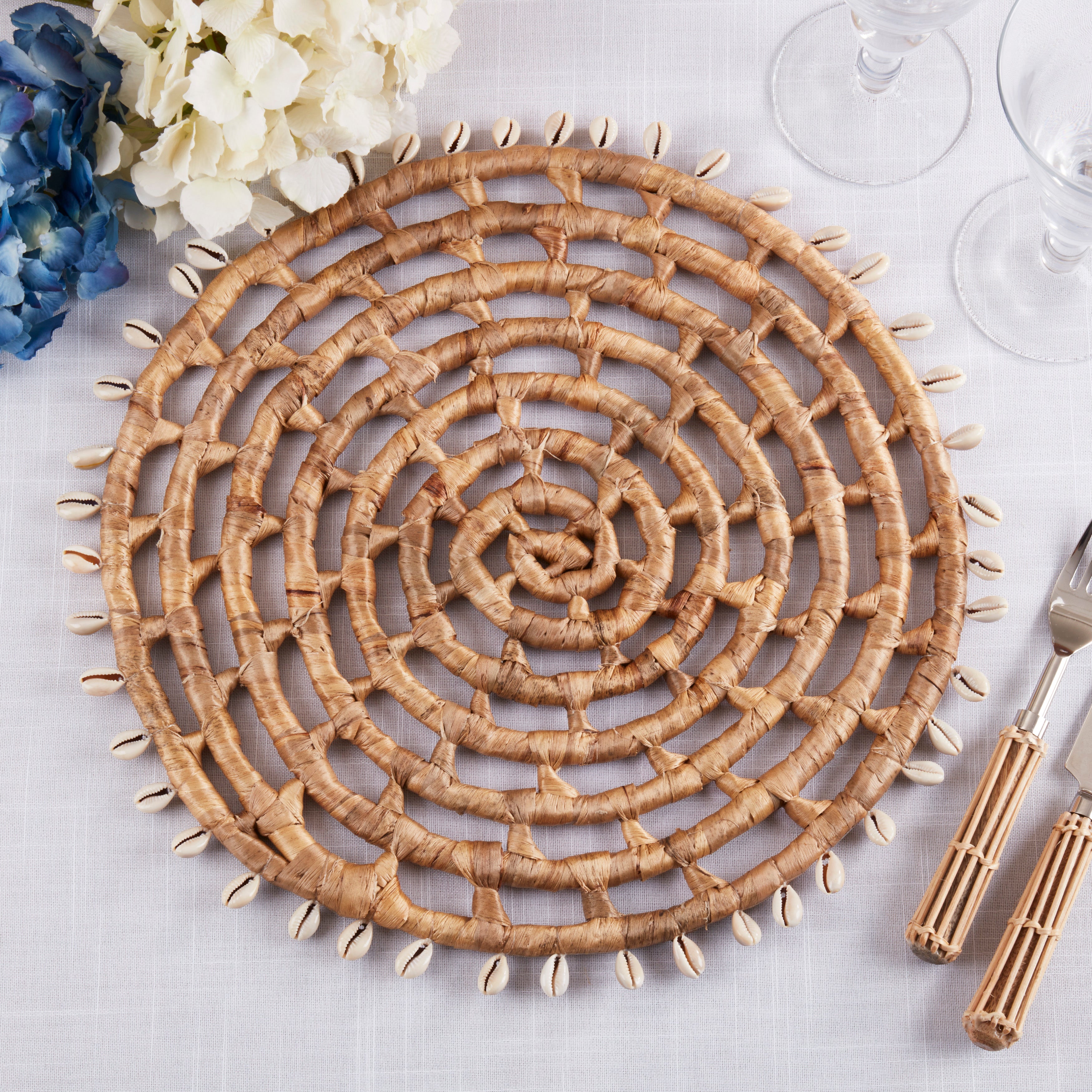 Shell Trimmed Water Hyacinth Round Placemats, Set of 4