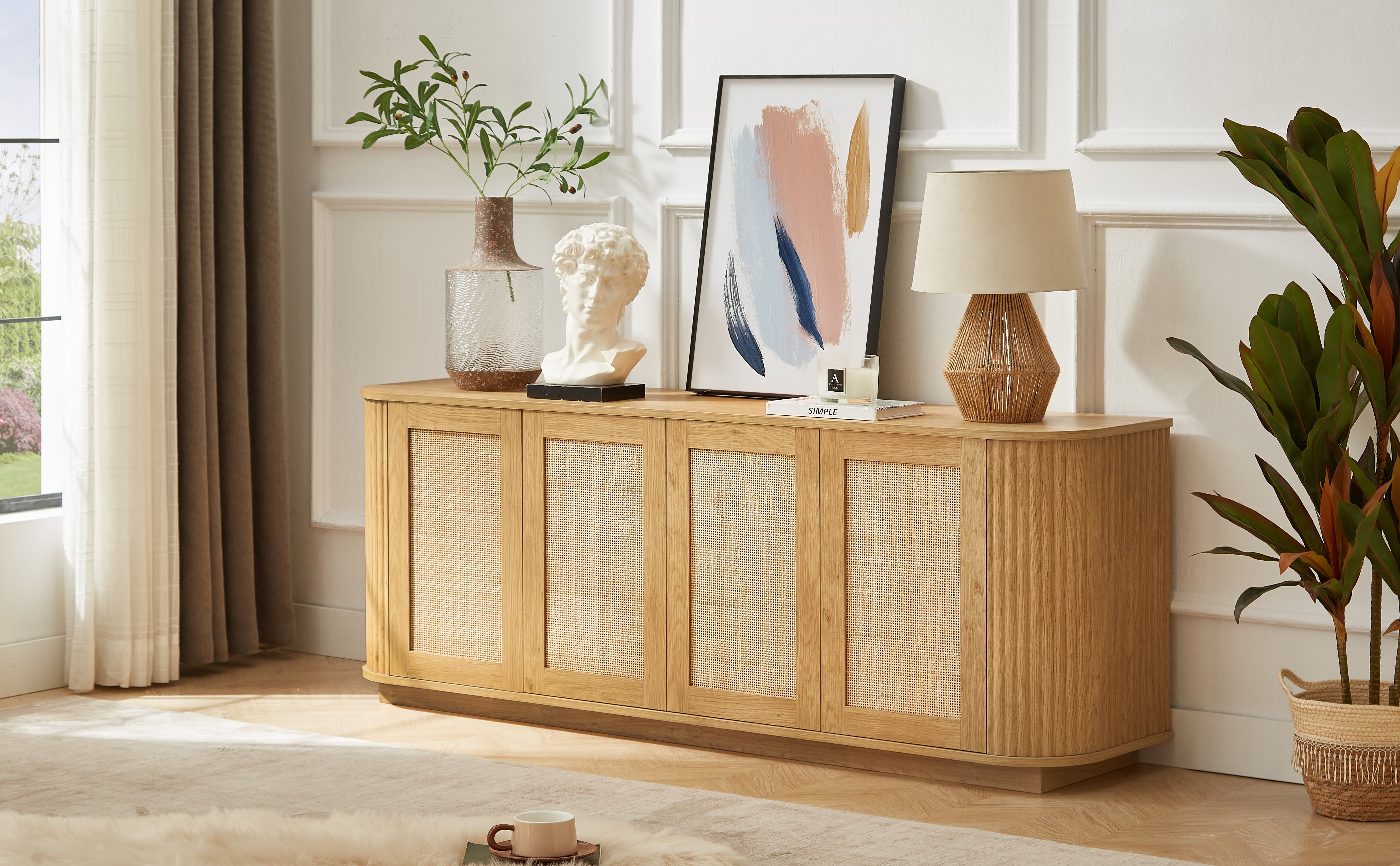 Rattan Cane Door Sideboard Storage Cabinet