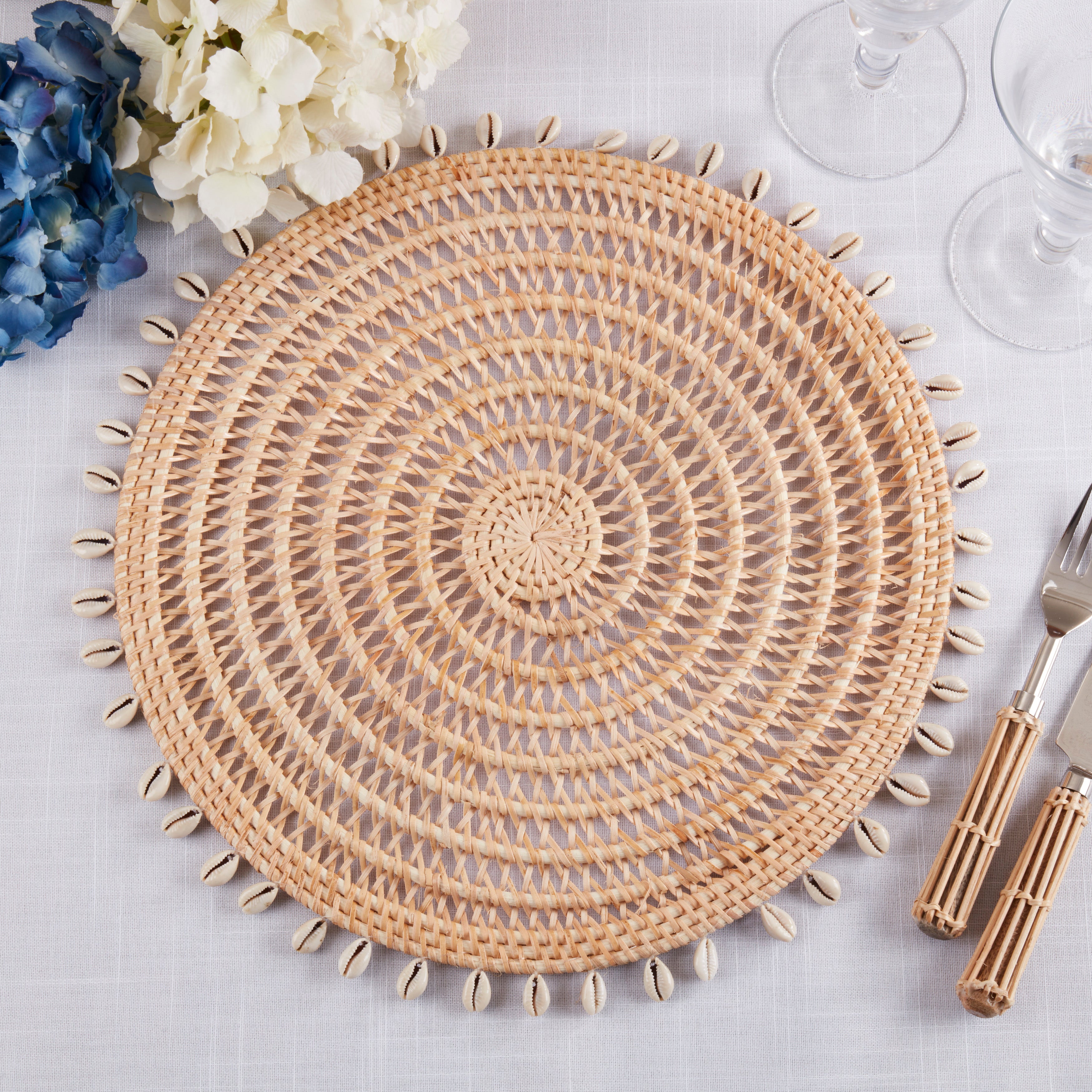 Rattan & Shell Beaded Round Placemats, Set of 4