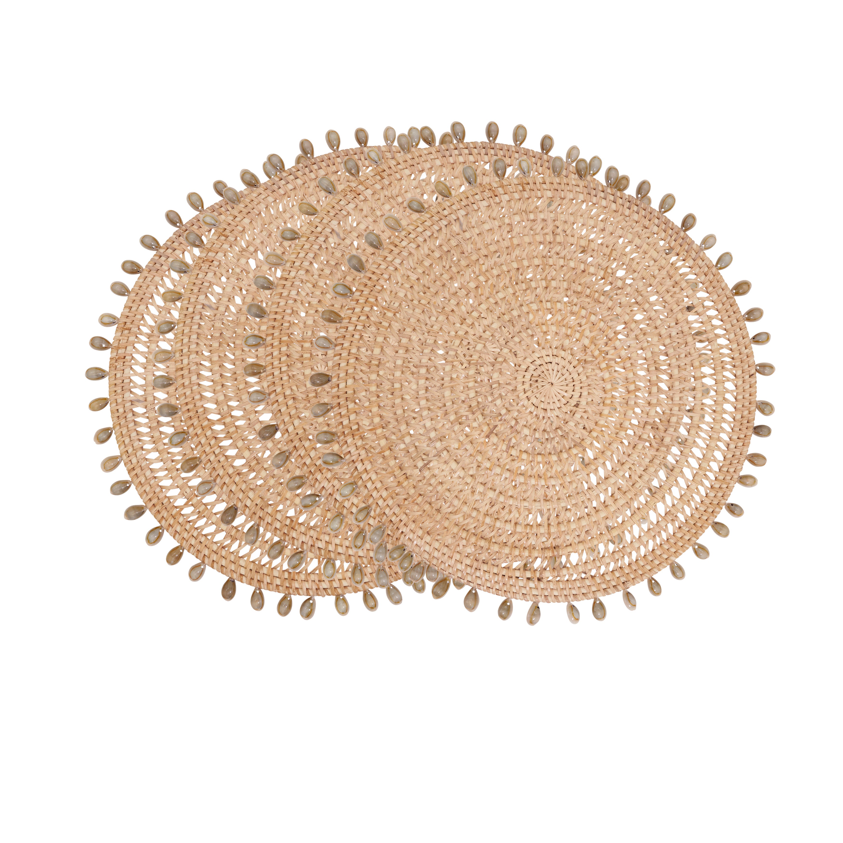Rattan & Shell Beaded Round Placemats, Set of 4